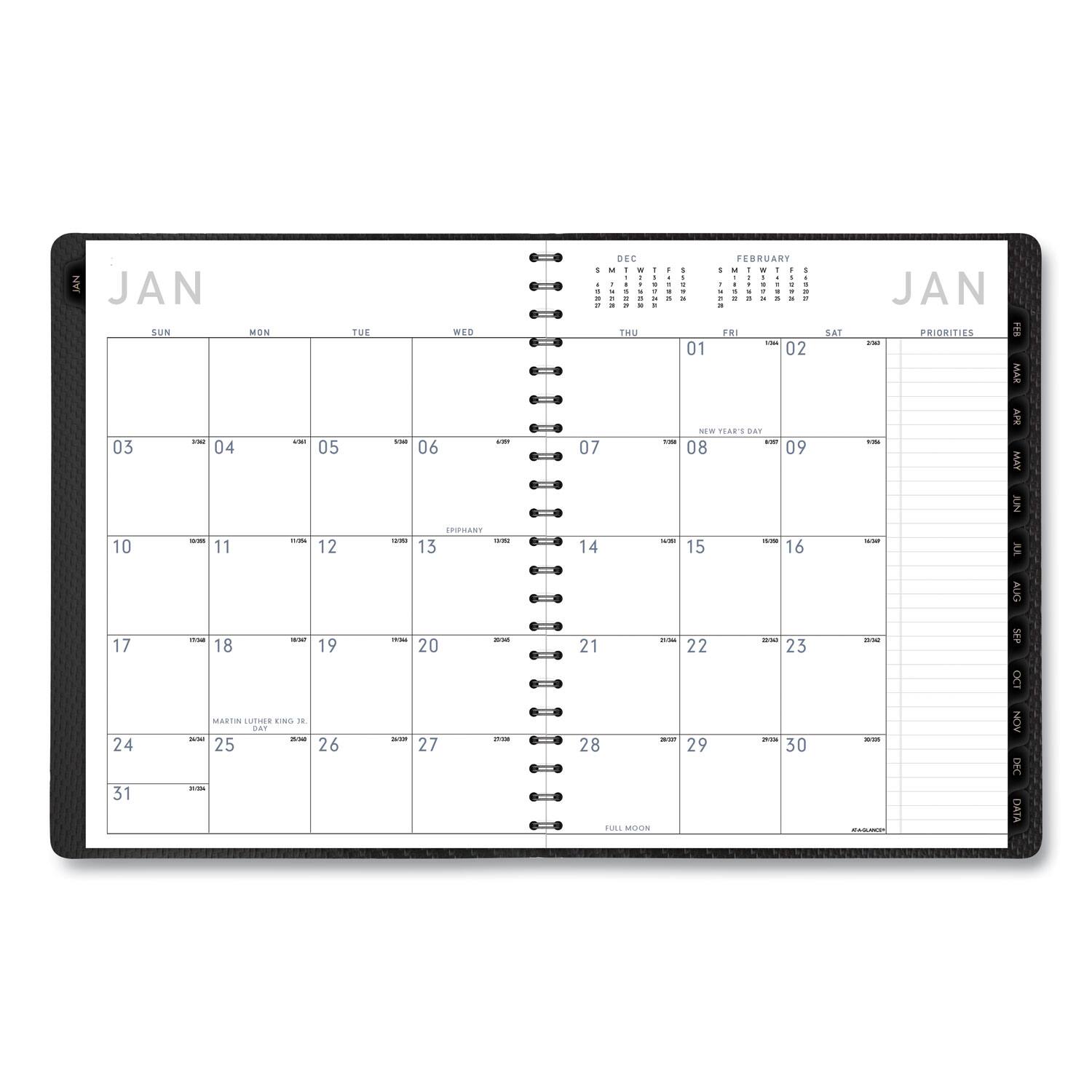 JAN

SUN MON TUE WED THU FRI SAT

03 04 05 06 07 08 09

10 11 12 13 14 15 16

17 18 19 20 21 22 23

24 25 26 27 28 29 30

31

EPHANT

FULL MOON

NEW YEAR'S DAY

MARTIN LUTHER KING JR.

PRIORITY

DEC FEBRUARY

01 02 03 04 05 06 07 08 09 10 11 12 13 14 15 16 17 18 19 20 21 22 23 24 25 26 27 28 29 30 31

PRIORITIES

JAN FEB MAR APR MAY JUN JUL AUG SEP OCT NOV DEC