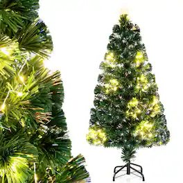 Costway - 4 FT Artificial Xmas Tree with 130 Branch Tips 197 Warm White LED Lights - Green
