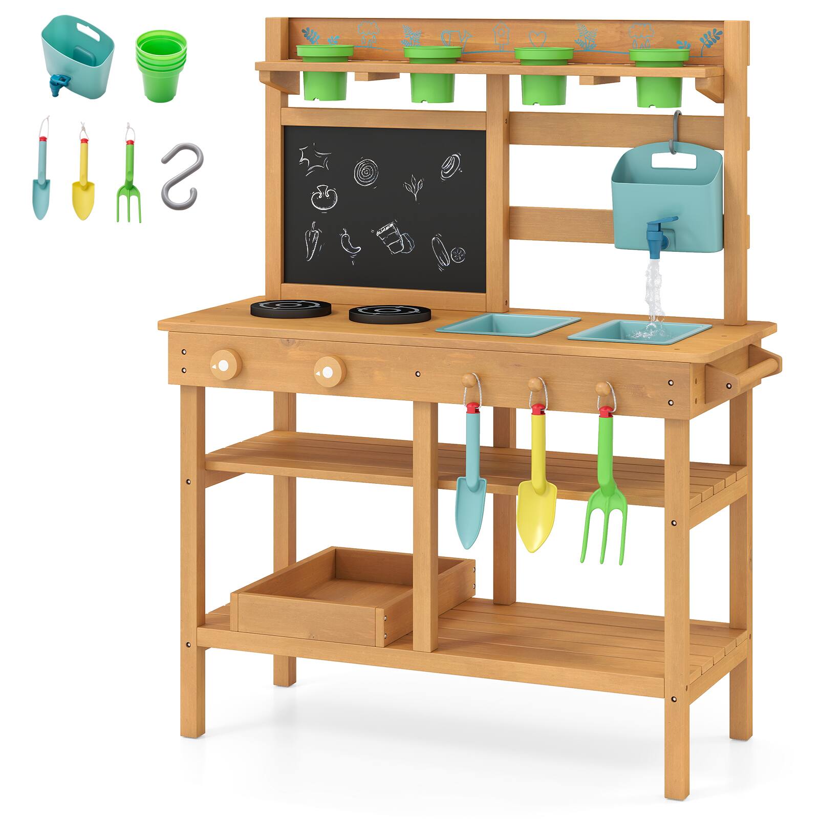 Alt View 9. Gymax - Gymax Kids Mud Kitchen w/Faucet Removable Sinks Chalkboard Stovetops Rotation Knobs - Natural.