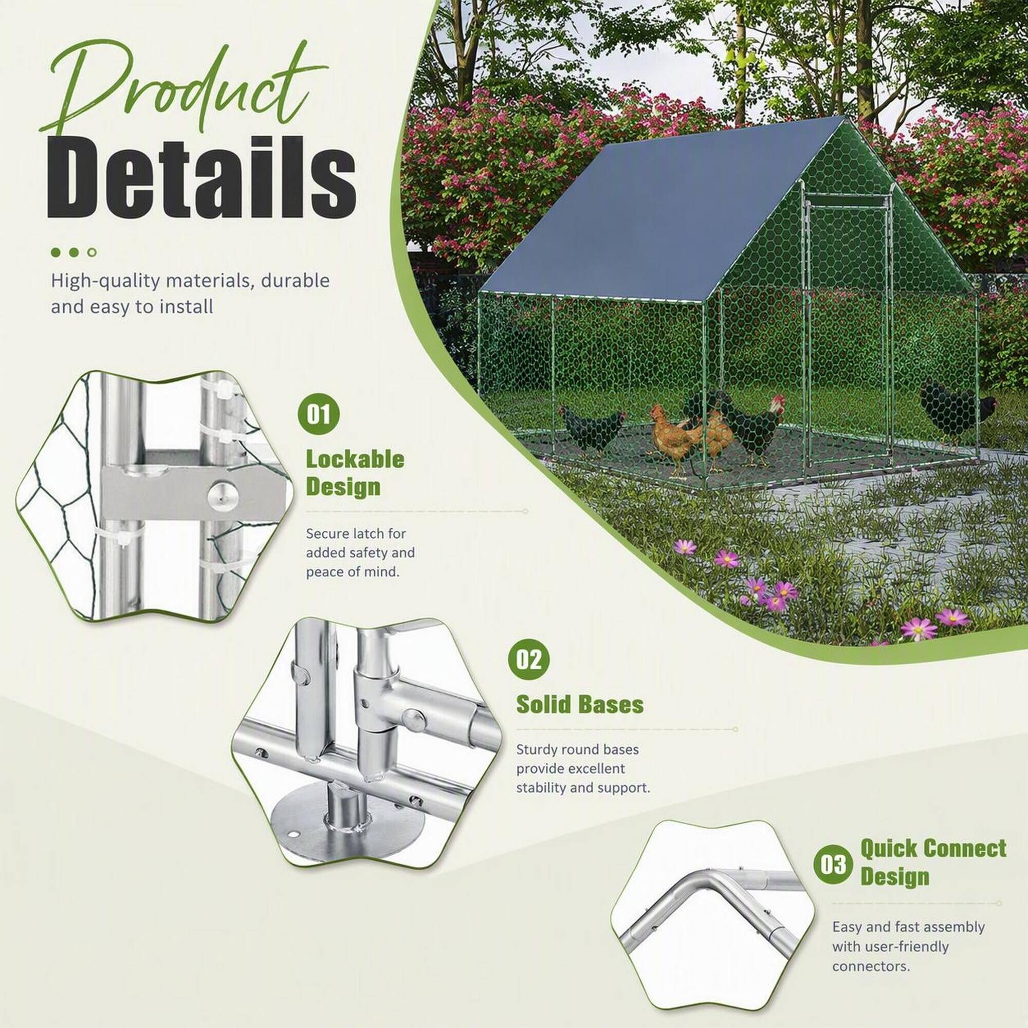 Product Details

High-quality materials, durable and easy to install

01
Lockable Design
Secure latch for added safety and peace of mind.

02
Solid Bases
Sturdy round bases provide excellent stability and support.

03
Quick Connect Design
Easy and fast assembly with user-friendly connectors.