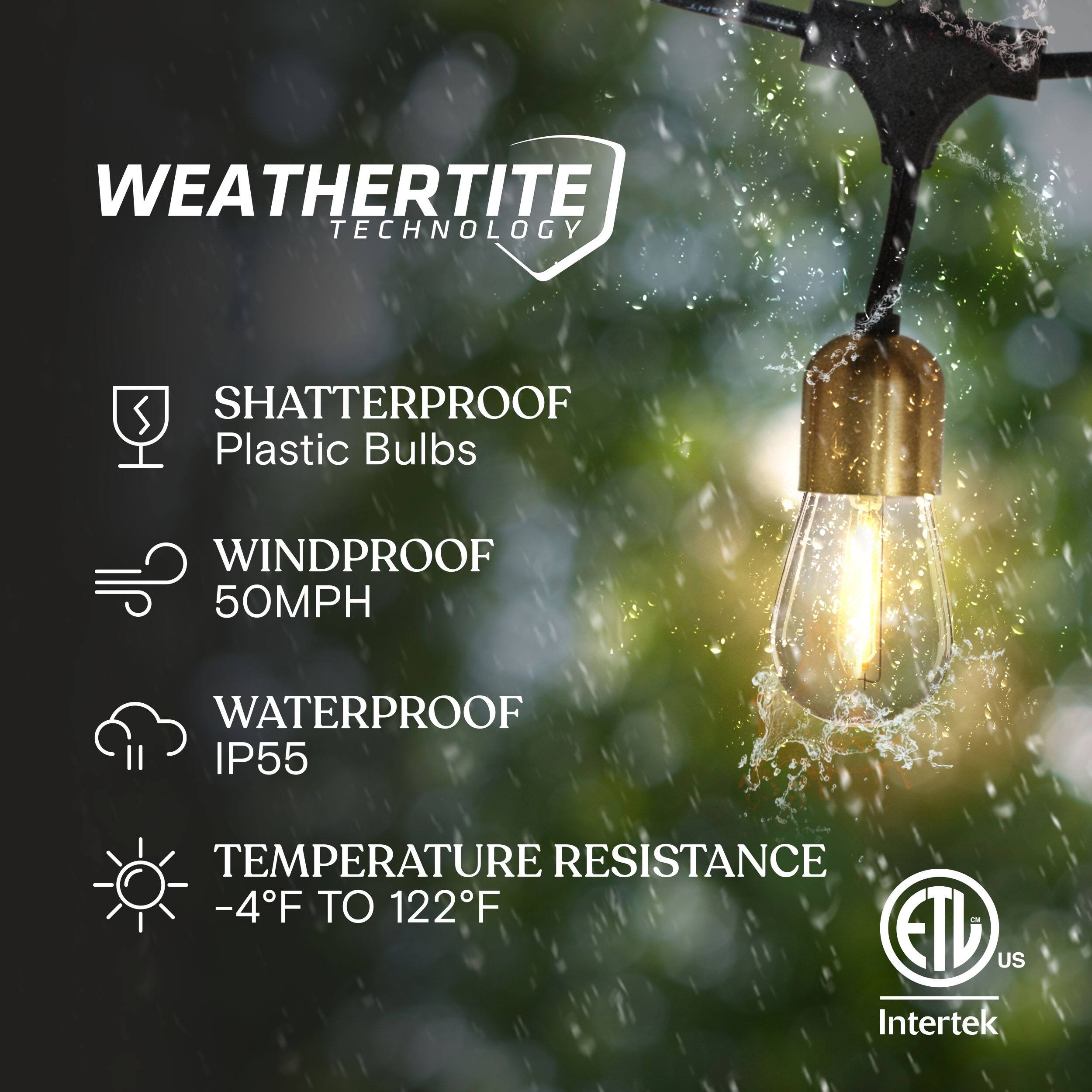 WEATHERTITE TECHNOLOGY  
- SHATTERPROOF Plastic Bulbs  
- WINDPROOF 50MPH  
- WATERPROOF IP55  
- TEMPERATURE RESISTANCE -4°F TO 122°F  

ETL US Intertek