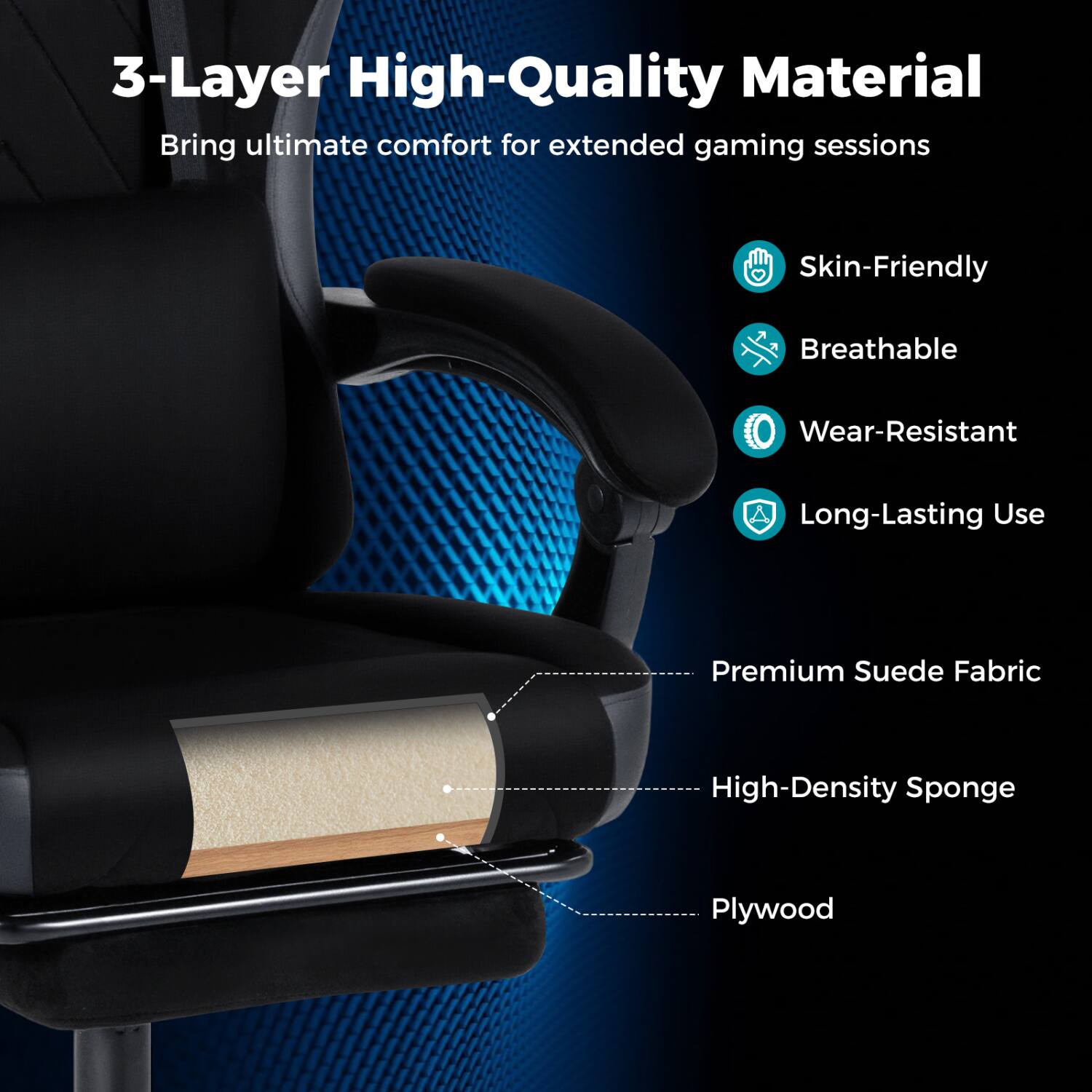 3-Layer High-Quality Material  
Bring ultimate comfort for extended gaming sessions

- Skin-Friendly
- Breathable
- Wear-Resistant
- Long-Lasting Use

- Premium Suede Fabric
- High-Density Sponge
- Plywood