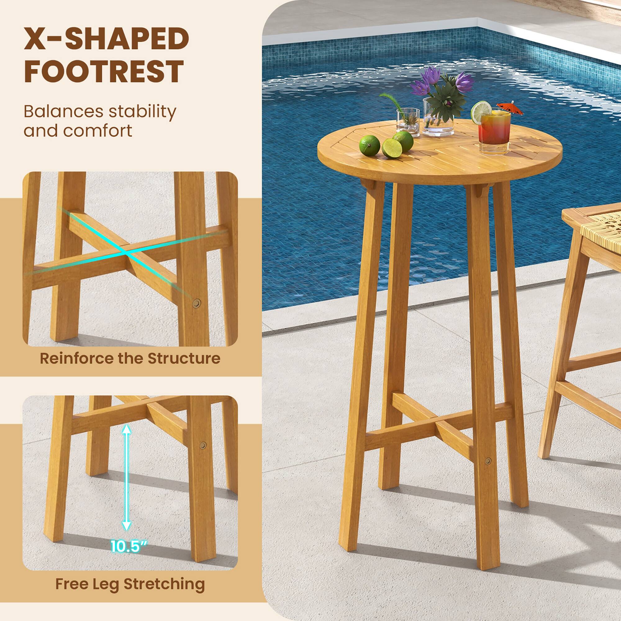 X-Shaped Footrest: Balances stability and comfort. Reinforces the structure. 10.5" Free Leg Stretching.
