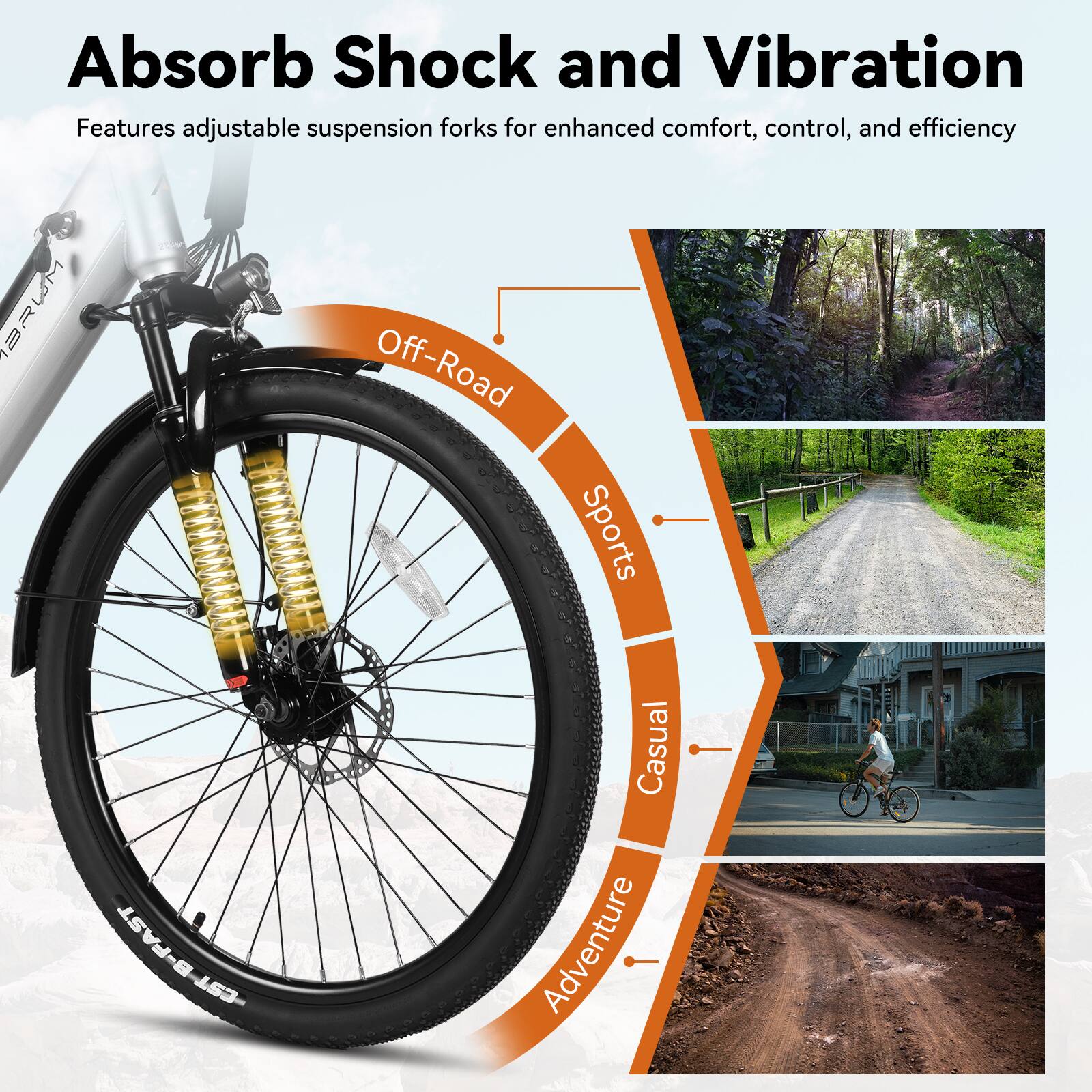 Absorb Shock and Vibration  
Features adjustable suspension forks for enhanced comfort, control, and efficiency  

13RUM Off-Road Sports - CST-B-FAST - EST Casual Adventure