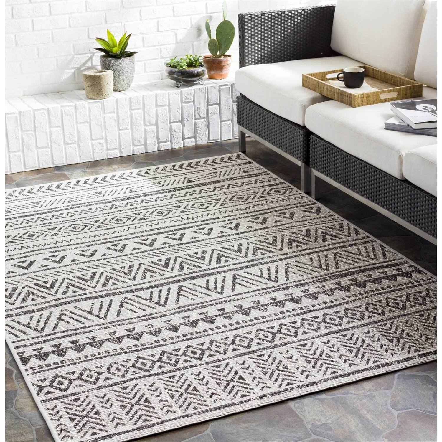 Angle. Hivvago - 5 ft. x 8 ft. Black Off-White Chevron Coastal Boho Style Indoor Outdoor Area Rug - Black, Off-White.