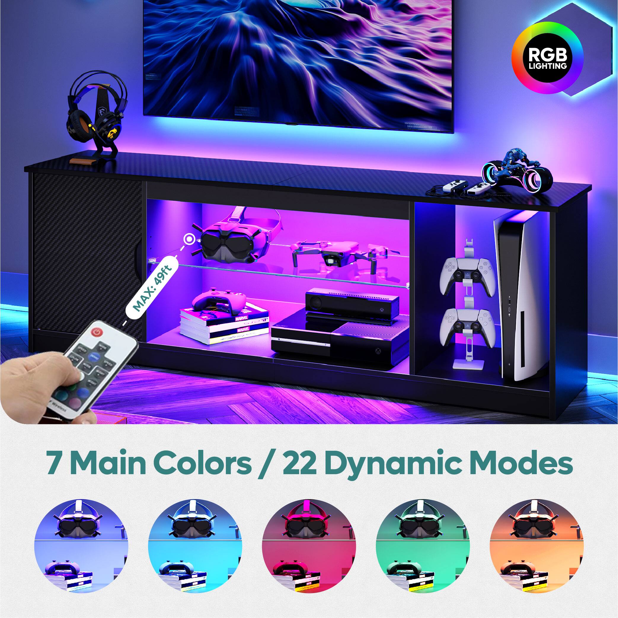 RGB LIGHTING  
MAX: 49ft  
7 Main Colors / 22 Dynamic Modes