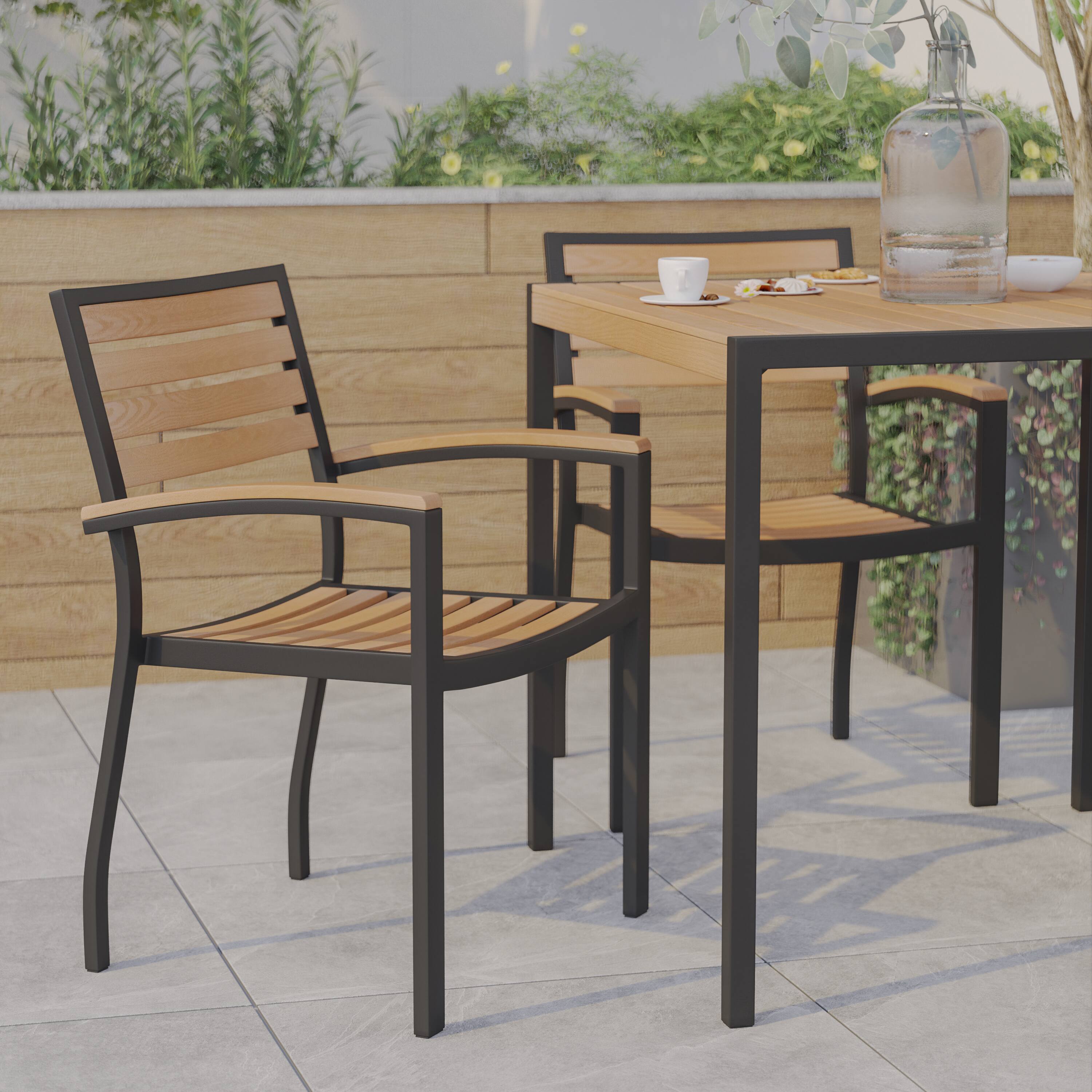 Alt View 2. Emma + Oliver - Set of 2 Stackable All-Weather Aluminum Patio Chairs with Faux Teak Slats - Teak.