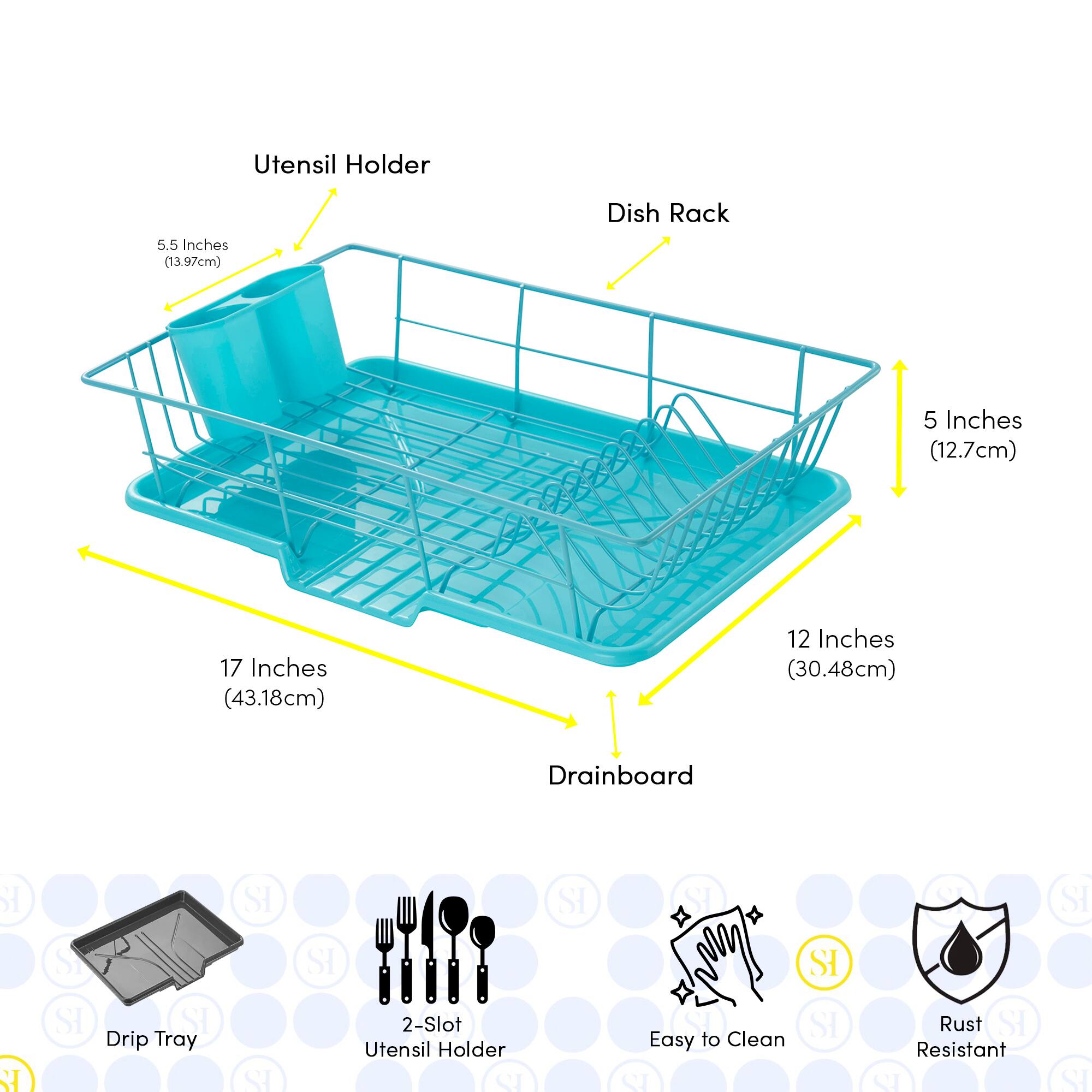 Utensil Holder: 5.5 Inches (13.97cm)  
Dish Rack: 5 Inches (12.7cm)  
Drainboard: 17 Inches (43.18cm) x 12 Inches (30.48cm)  

Features:  
- Drip Tray  
- 2-Slot Utensil Holder  
- Easy to Clean  
- Rust Resistant