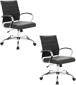 LeisureMod - Set of 2 - Benmar Modern Leather Office Desk Chair with Ribbed Seat and Steel Frame Computer Chair - Black