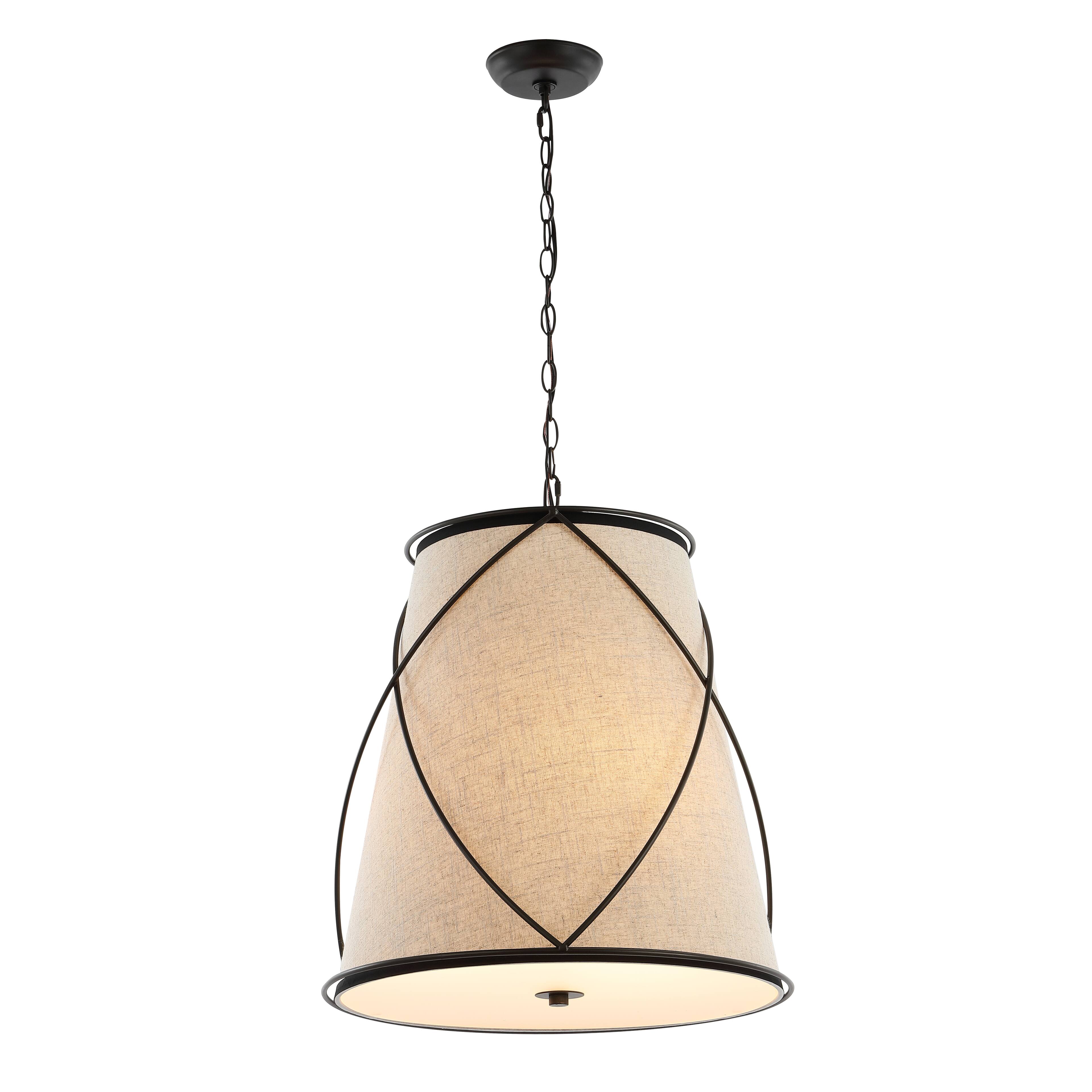 Front. Jonathan Y - Milo 19" 3-Light Rustic Farmhouse Iron LED Pendant, Oil Rubbed Bronze - Light Brown/Oil Rubbed Bronze.
