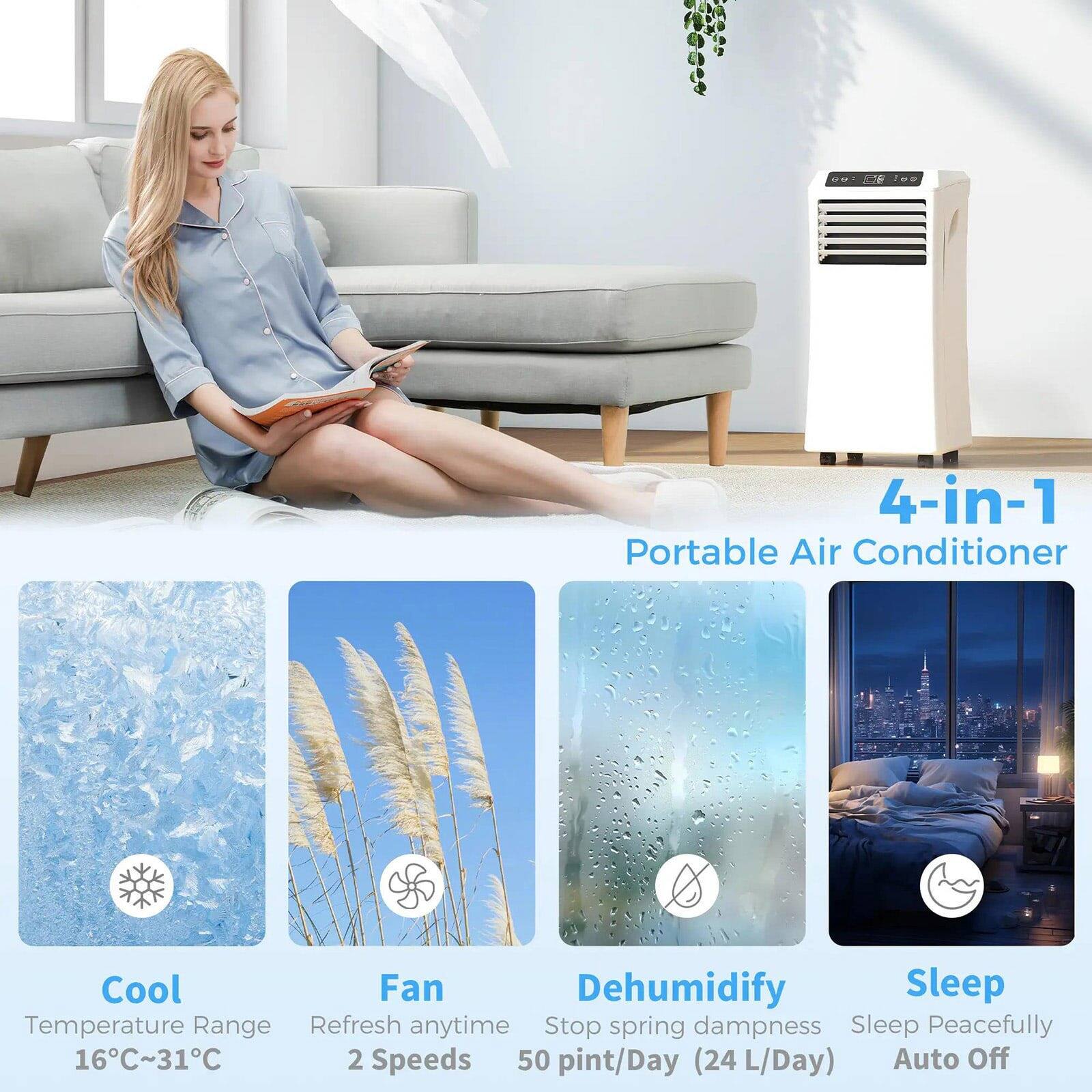 4-in-1 Portable Air Conditioner

Cool  
Temperature Range  
16°C~31°C

Fan  
Refresh anytime  
2 Speeds

Dehumidify  
Stop spring dampness  
50 pint/Day (24 L/Day)

Sleep  
Sleep Peacefully  
Auto Off