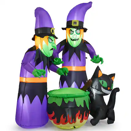 Front. Costway - Costway 6 Ft Inflatable Halloween Witches Blow up 2 Scary Witch with Cauldron & Black Cat - Multicolor.