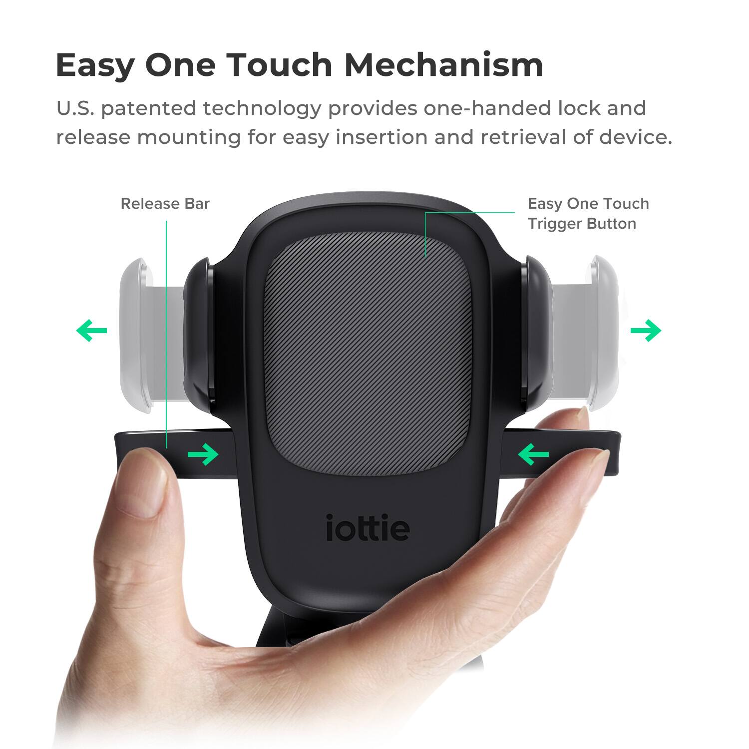 Easy One Touch Mechanism: U.S. patented technology provides one-handed lock and release mounting for easy insertion and retrieval of device. Release Bar and Easy One Touch Trigger Button are features of the iottie.