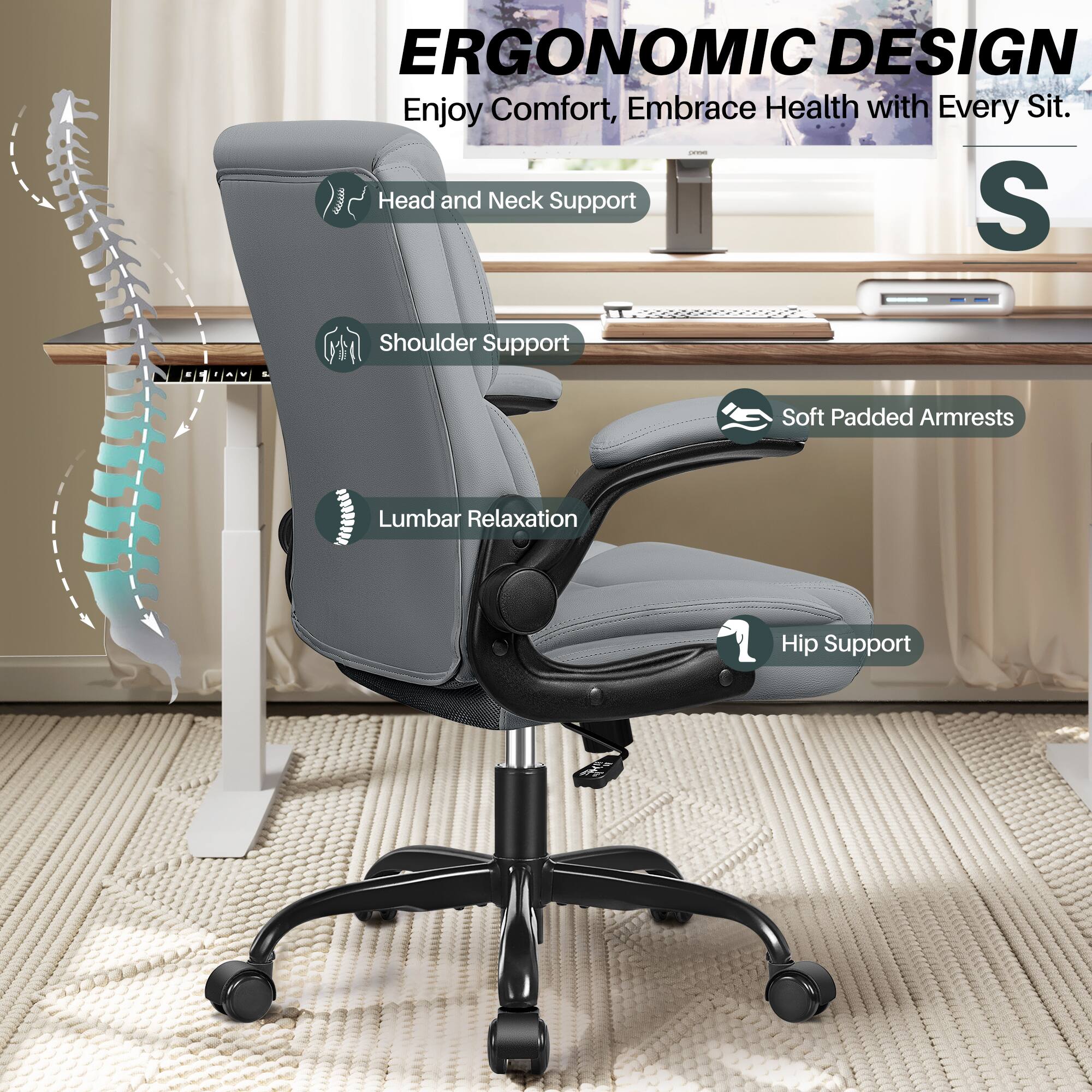 ERGONOMIC DESIGN  
Enjoy Comfort, Embrace Health with Every Sit.

- Head and Neck Support
- Shoulder Support
- Lumbar Relaxation
- Soft Padded Armrests
- Hip Support