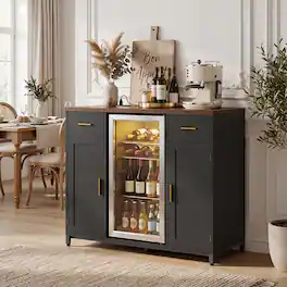 Aheaplus - Coffee Bar Cabinet with Mini Fridge Space & Power Outlet - Buffet Sideboard with Drawer/Door Storage - Brown Black