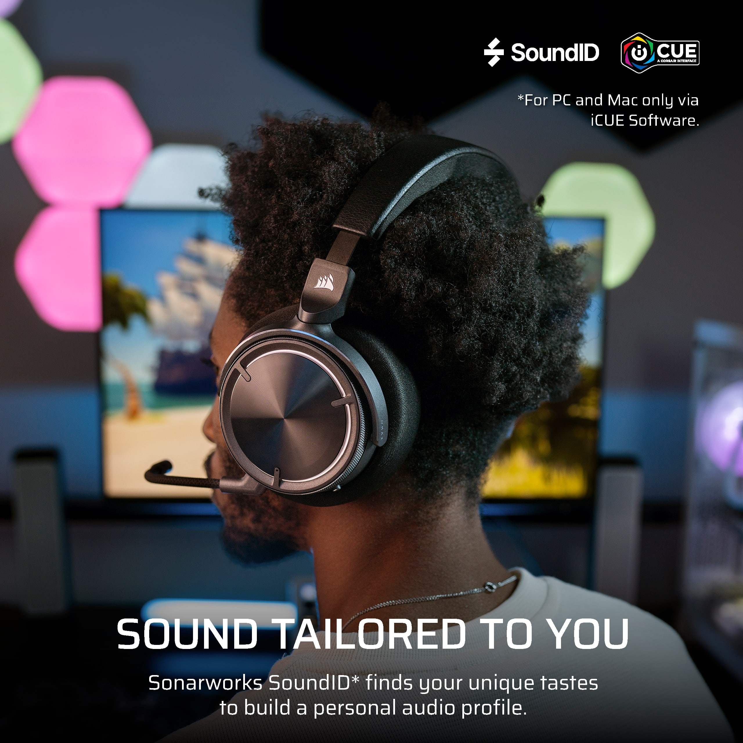 "SoundID by Sonarworks is a personalized audio solution that tailors the sound to your unique tastes. It is compatible with PC and Mac computers and can be used via the iCUE software. SoundID finds your unique tastes to build a personal audio profile."