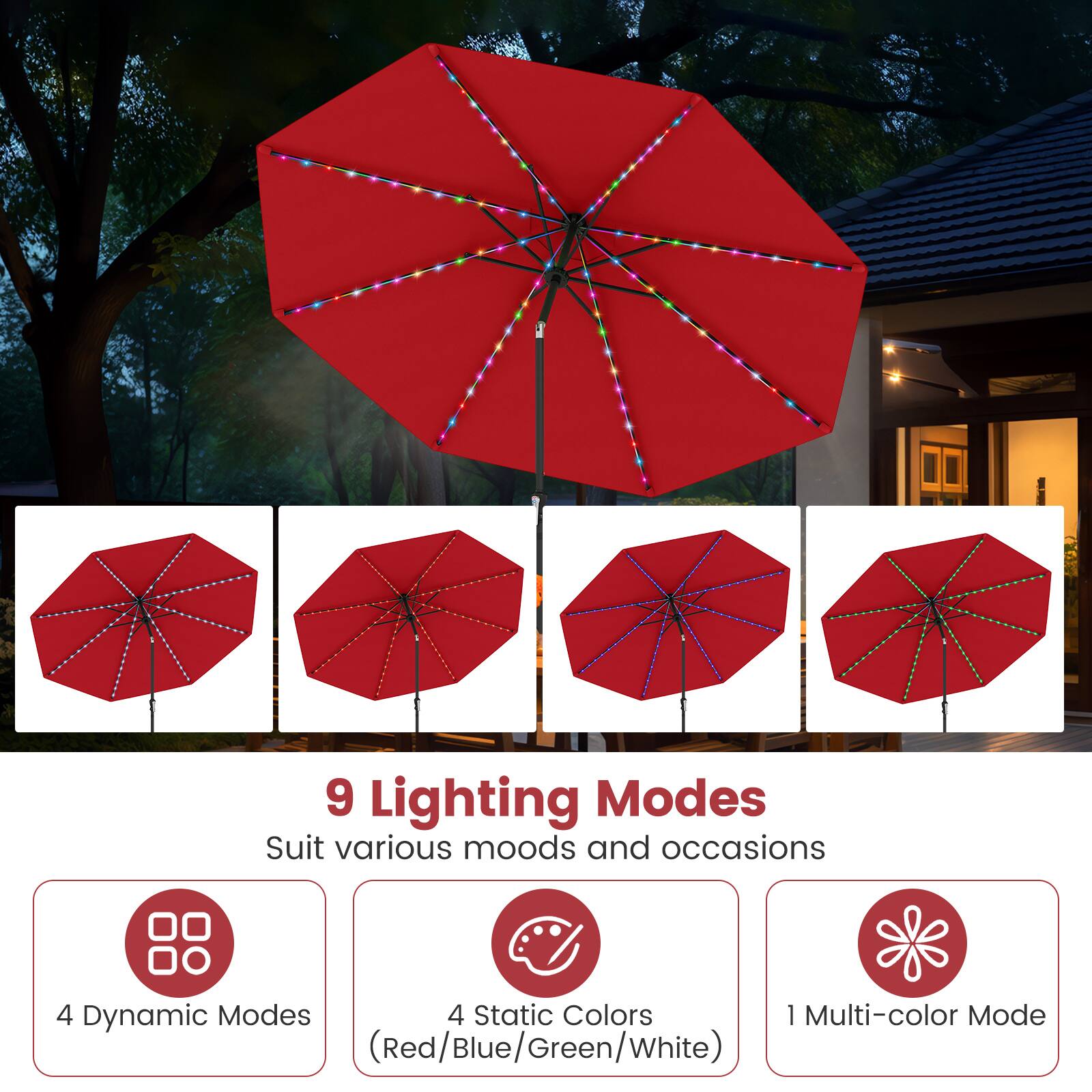 9 Lighting Modes  
Suit various moods and occasions  

4 Dynamic Modes  
4 Static Colors (Red/Blue/Green/White)  
1 Multi-color Mode