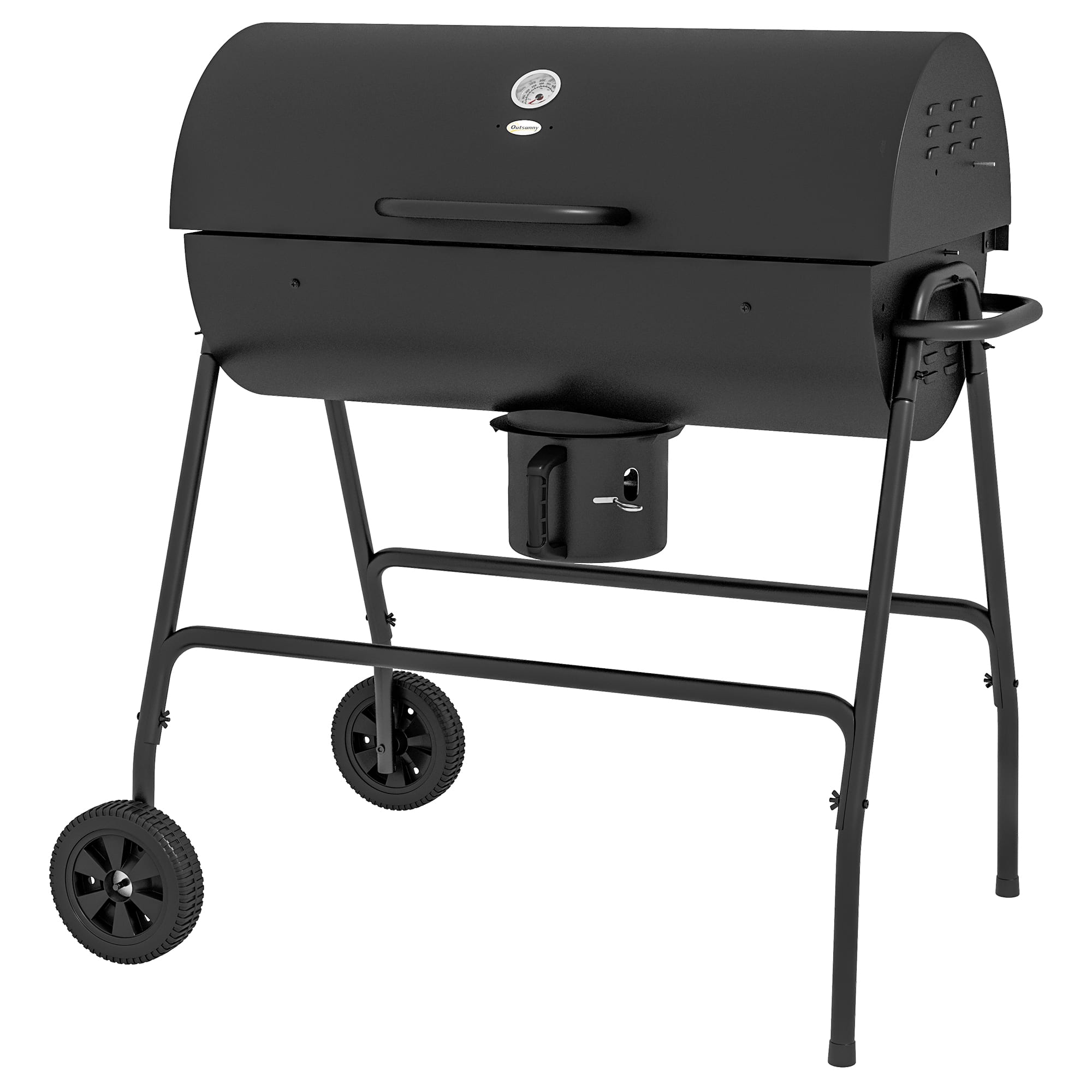 Chateau Abodes - Barrel Charcoal BBQ Grill, 420 sq.in., Wheels, Ash Catcher & Built-in Thermometer for Patio, Picnic & Backyard - Black