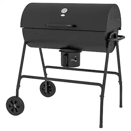 Front. Chateau Abodes - Barrel Charcoal BBQ Grill, 420 sq.in., Wheels, Ash Catcher & Built-in Thermometer for Patio, Picnic & Backyard - Black.