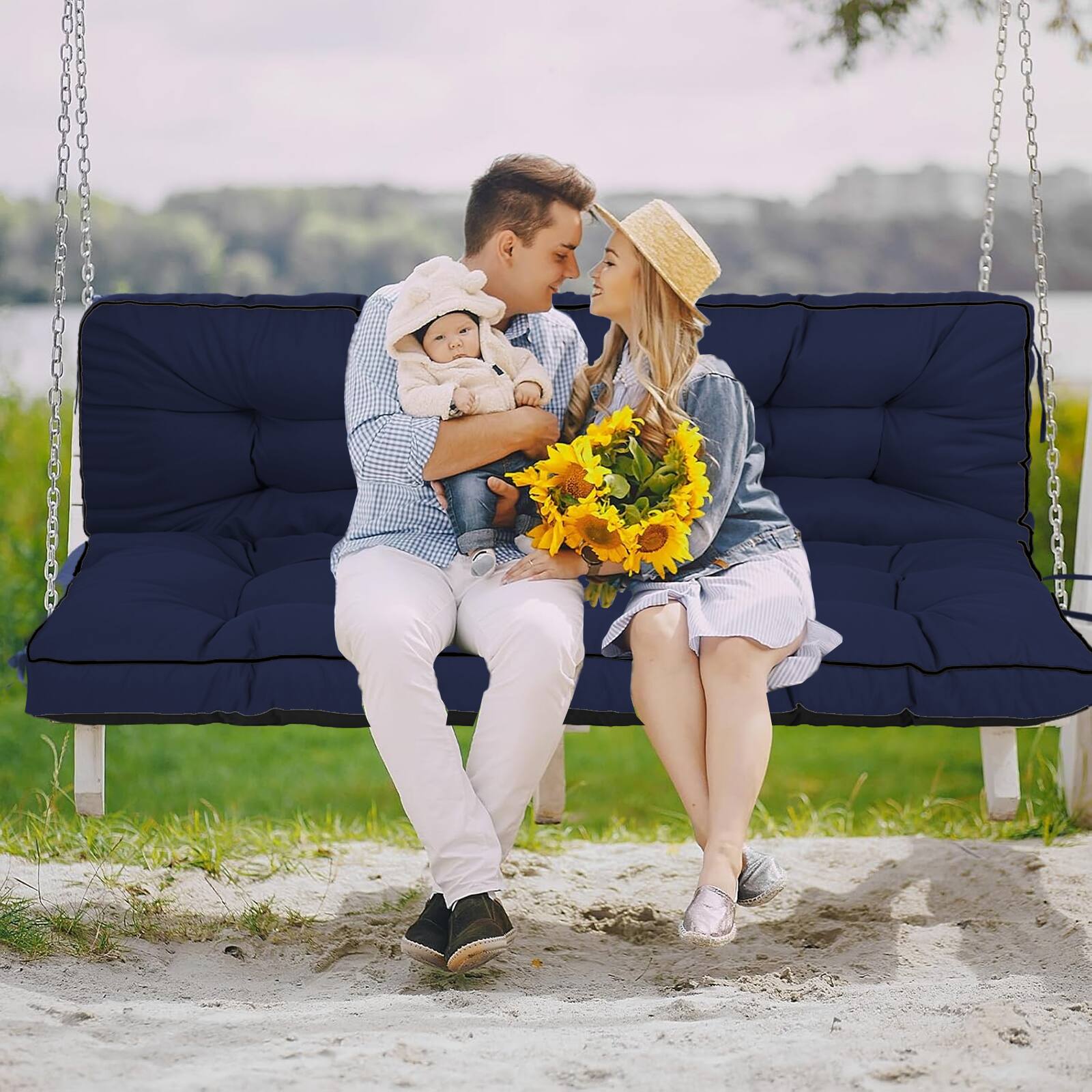 Alt View 1. Chateau Abodes - Outdoor Bench Cushion for 2-3 Seater Swing, Patio Sofa & Furniture - Waterproof Replacement Seat with Backrest - Dark Blue-40x55in.