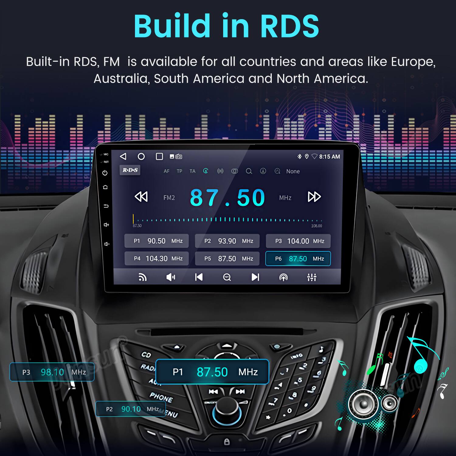 Build in RDS  
Built-in RDS, FM is available for all countries and areas like Europe, Australia, South America and North America.