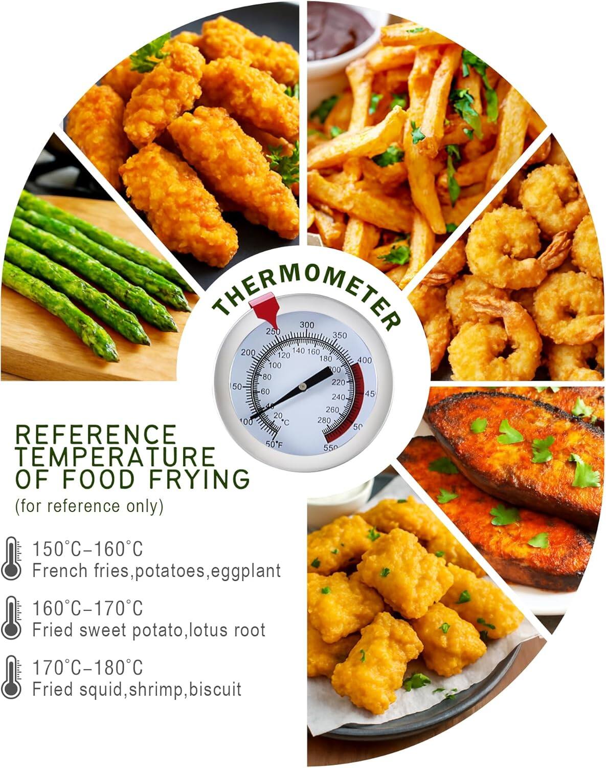 THERMOMETER

250 300 350 200 140 160 120 180 400 100 00 80 220 50 60 45 240 S 260 20 100 C 280 50

REFERENCE 50F 550

TEMPERATURE OF FOOD FRYING (for reference only)

150C-160C French fries, potatoes, eggplant

160C-170C Fried sweet potato, lotus root

170C-180C Fried squid, shrimp, biscuit