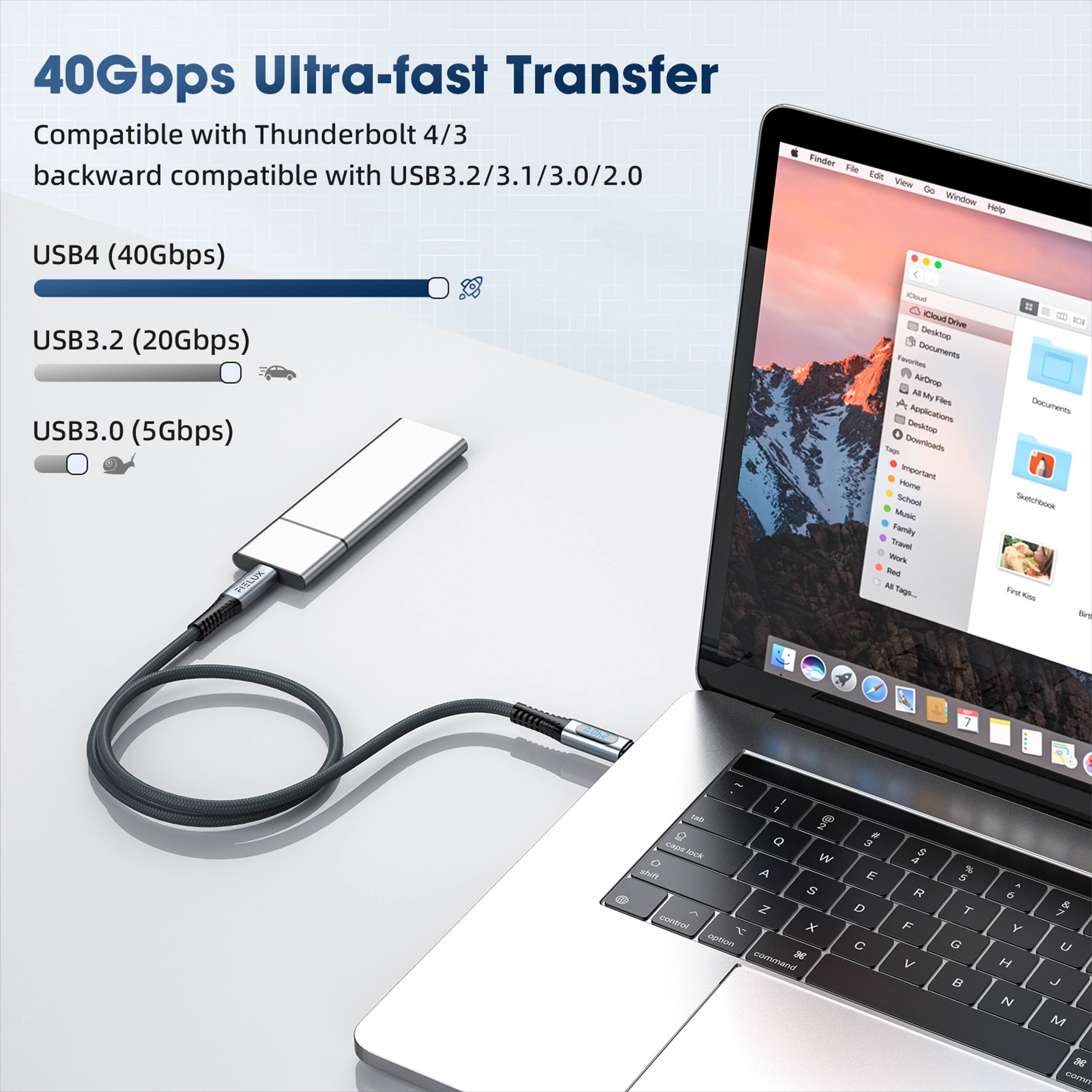 40Gbps Ultra-fast Transfer  
Compatible with Thunderbolt 4/3  
backward compatible with USB3.2/3.1/3.0/2.0  

USB4 (40Gbps)  
USB3.2 (20Gbps)  
USB3.0 (5Gbps)