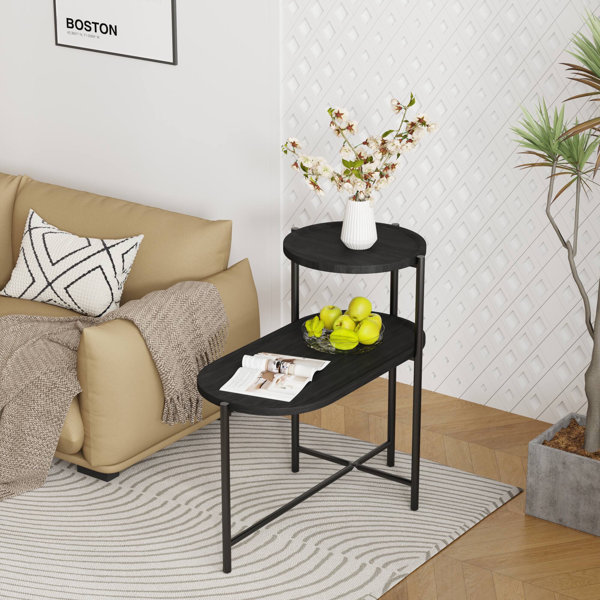 Left. GOODSILO - Modern Round Coffee Table with Two-Tier Storage Trays for Living Room and Small Spaces - Black.