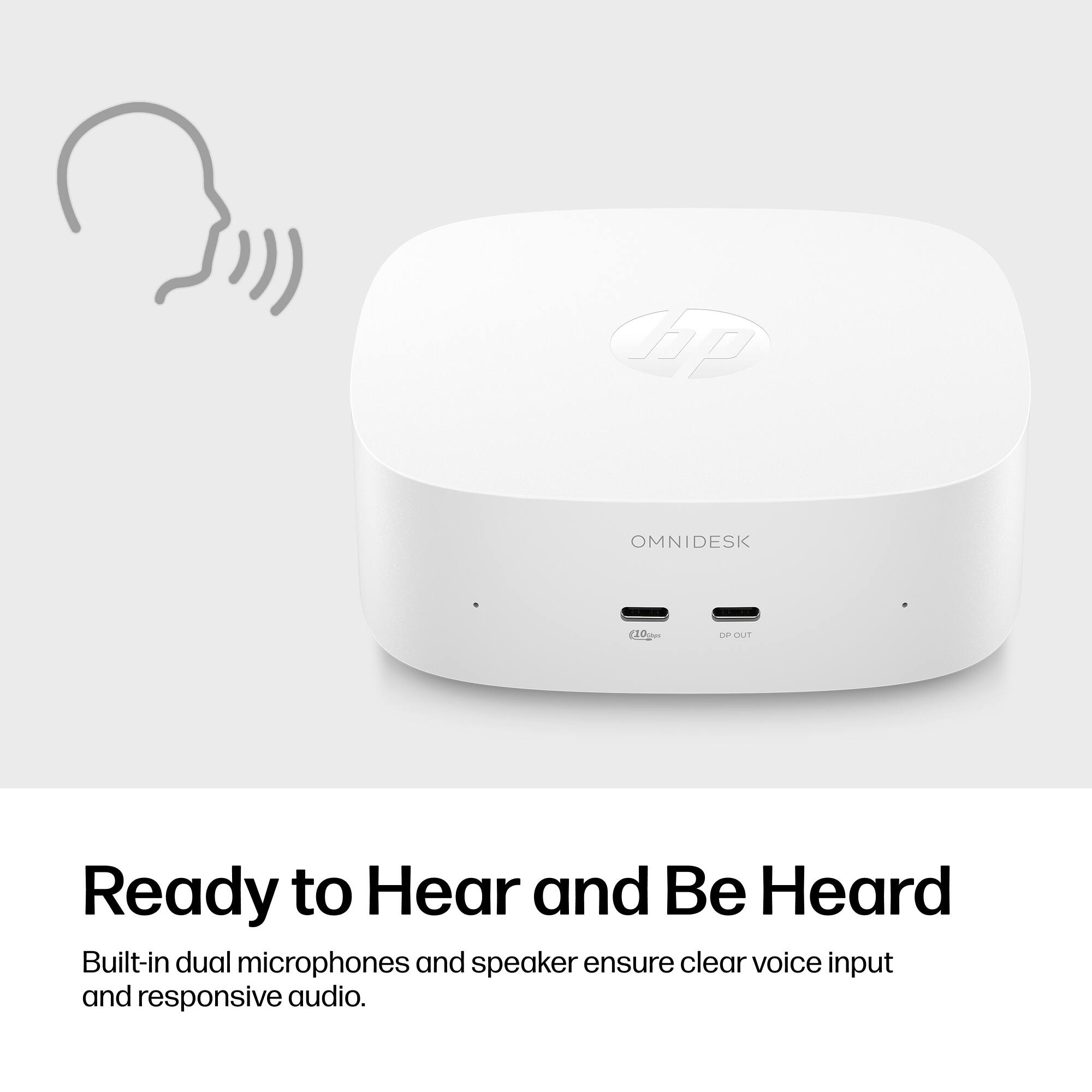 hp
OMNIDESK
(10chm
DPOUT
Ready to Hear and Be Heard
Built-in dual microphones and speaker ensure clear voice input and responsive audio.