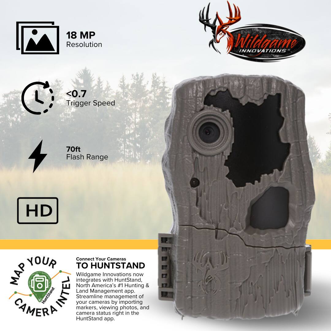 18 MP Resolution  
<0.7 Trigger Speed  
70ft Flash Range  
HD  

Wildgame Innovations  

Connect Your Cameras to HuntStand Map  
Wildgame Innovations now integrates with HuntStand, North America's #1 Hunting & Land Management app. Streamline management of your cameras by importing camera markers, viewing photos, and camera status right in the HuntStand app.