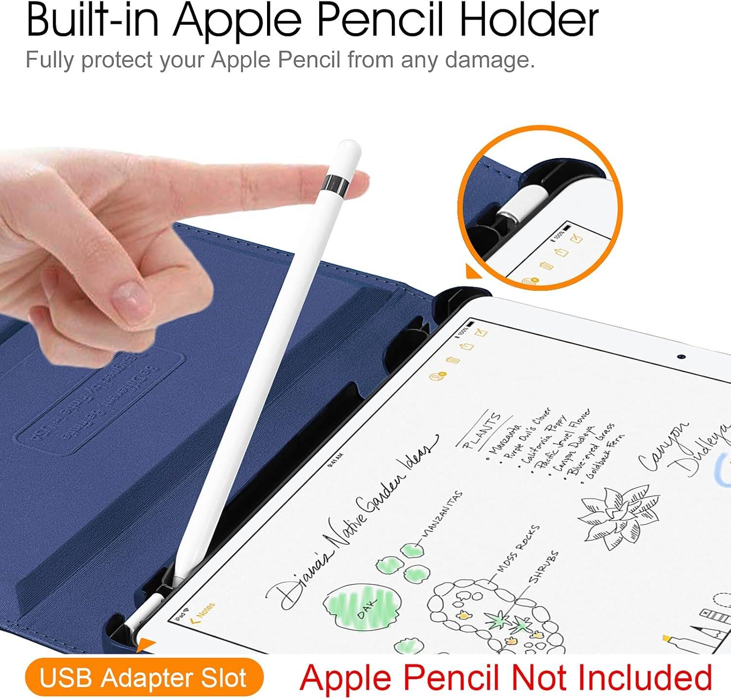 Built-in Apple Pencil Holder  
Fully protect your Apple Pencil from any damage.

Clover Pappy Flower aseb/ PLANTS Marzarda Dait's Califorcia lowel Dolope eyed Grass Fern Disseyes  Purple Pactic Campon Goldback Comments "Blve" Garden MANZANITAS Native ROCKS MOSS SHRUBS PMT Dianc's DAK USB Adapter Slot Apple Pencil Not Included