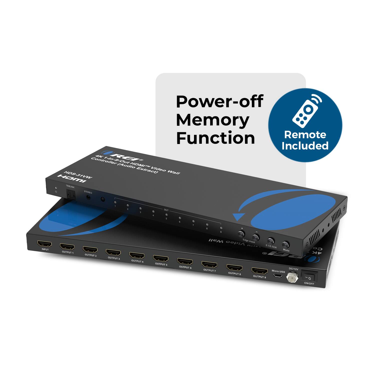 The corrected text is:

"Power-off Memory Function Remote Included Controller 4K IRE 1-out Output Audio HOS Estracu Made Wall Ho HS-31Y - - a - . I . M . 1 d 1 - 1 n SUTPUT - SAn STTPUT . NT CArma . SUTPUT . Wall Le - Video NIN A0SMM - L NUTTmum uSTu Ms UNS STPU BUTPUT . a SntaT"

This appears to be a description of a device with various features and specifications.