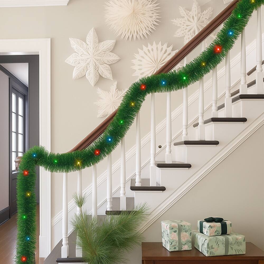 Alt View 2. MOVSSOU - 50 Ft Christmas Garland 100 LED Pre-lit Garland Green Artificial Pine Decorative Garland Xams Decor Multi-Color Lights - green.