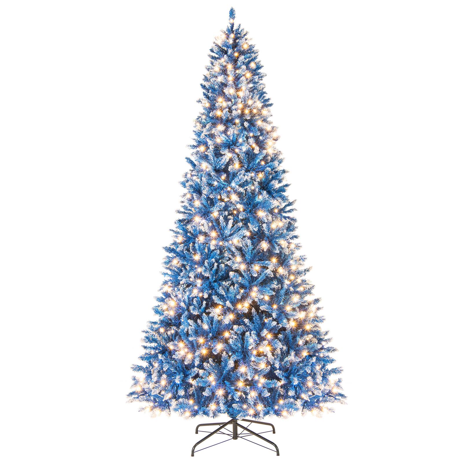 Gymax - 9 FT Pre-Lit Artificial Christmas Tree Hinged Xmas Tree w/ 1938 Frosted PVC Branch Tips - Blue