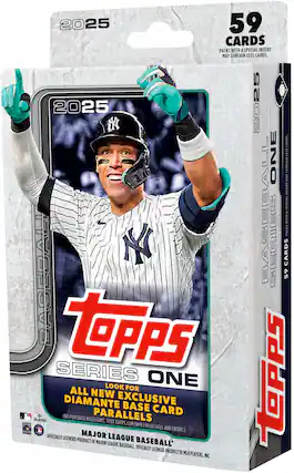 2025 Topps Series One baseball cards packs contain 59 cards, with a special insert in some packs. These packs may contain less cards than the stated number. The packs are part of the Topps Series One baseball cards collection, which includes exclusive base card players. The packs are available for purchase, and there is a chance to win a diamante exclusive base card player. The packs are officially licensed by Major League Baseball and MLB Players, Inc.