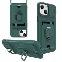 Reiko - iPhone 13 Case with Camera Cover, Kickstand, Slide Lens Protector, Magnetic Ring, Strap & Card Holder - Green