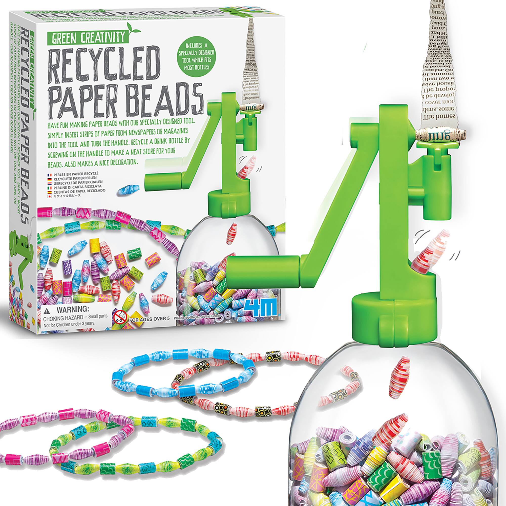 Creativity Recycled Paper Beads Kit includes a specially designed tool to make paper beads from newspapers and magazines. Simply insert paper into the bead-making tool and turn the handle to create colorful paper beads. The kit also includes a decorative handle for your beads. Make a nice decoration for your recycle store or use it as a fun activity for kids. The kit makes 100 paper beads and is a great way to recycle paper. The tool is designed for ages 4 and up, and it comes with a warning to avoid choking hazards for children under 4 years old.