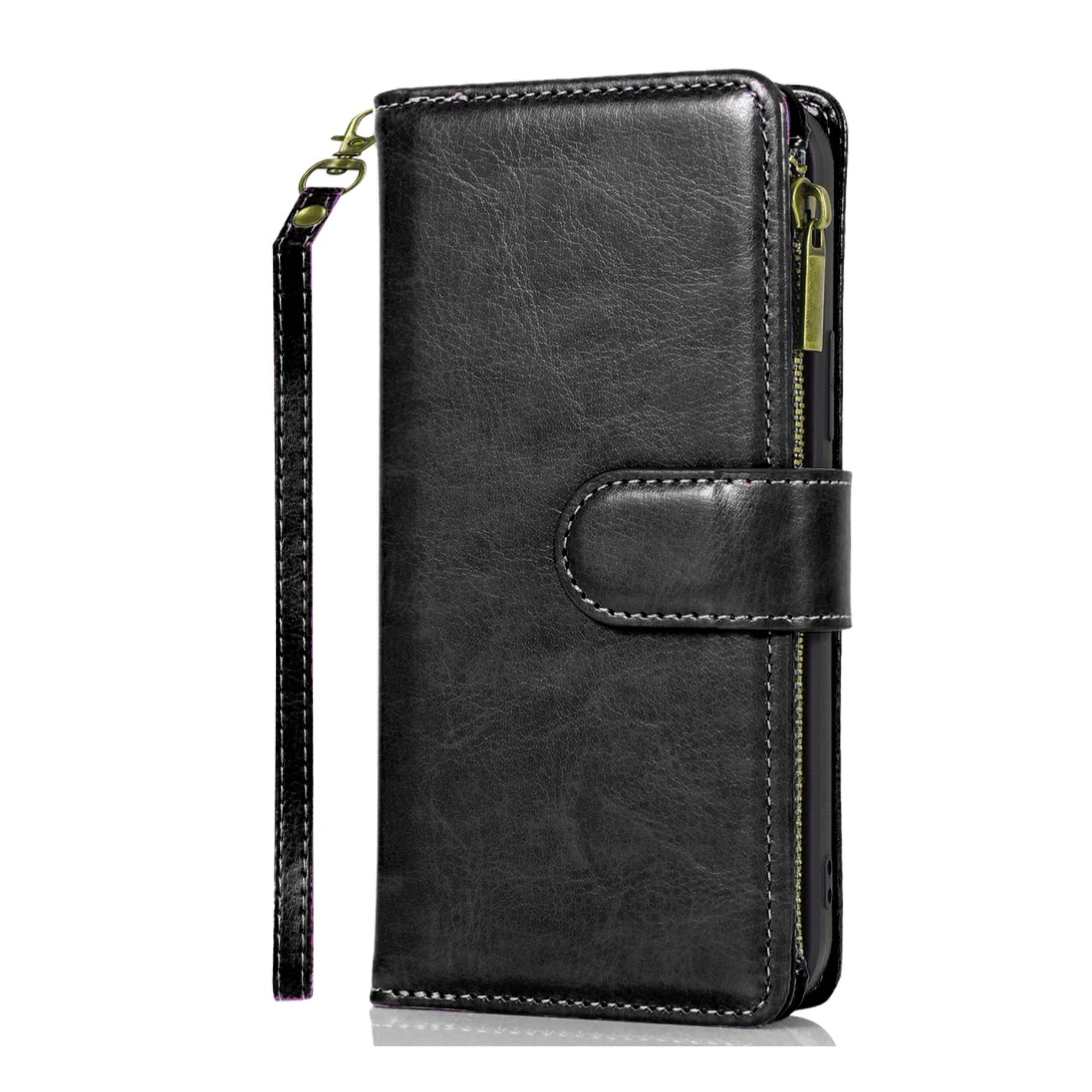 Front. Kitcheniva - PU Leather Phone Wallet Zipper With Tempered Glass For iPhone 16e/17e Black - Black.