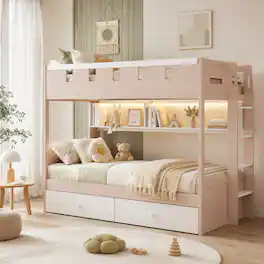 Anysun - Twin Size Castle Style Bunk Bed with 2 Drawers,Shelf,and LED - White