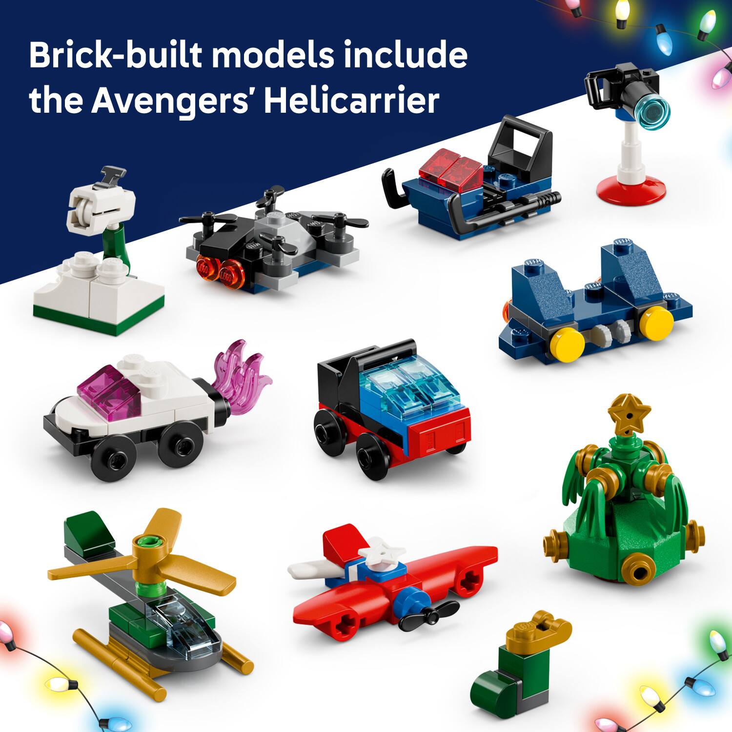 Brick-built models include the Avengers' Helicarrier