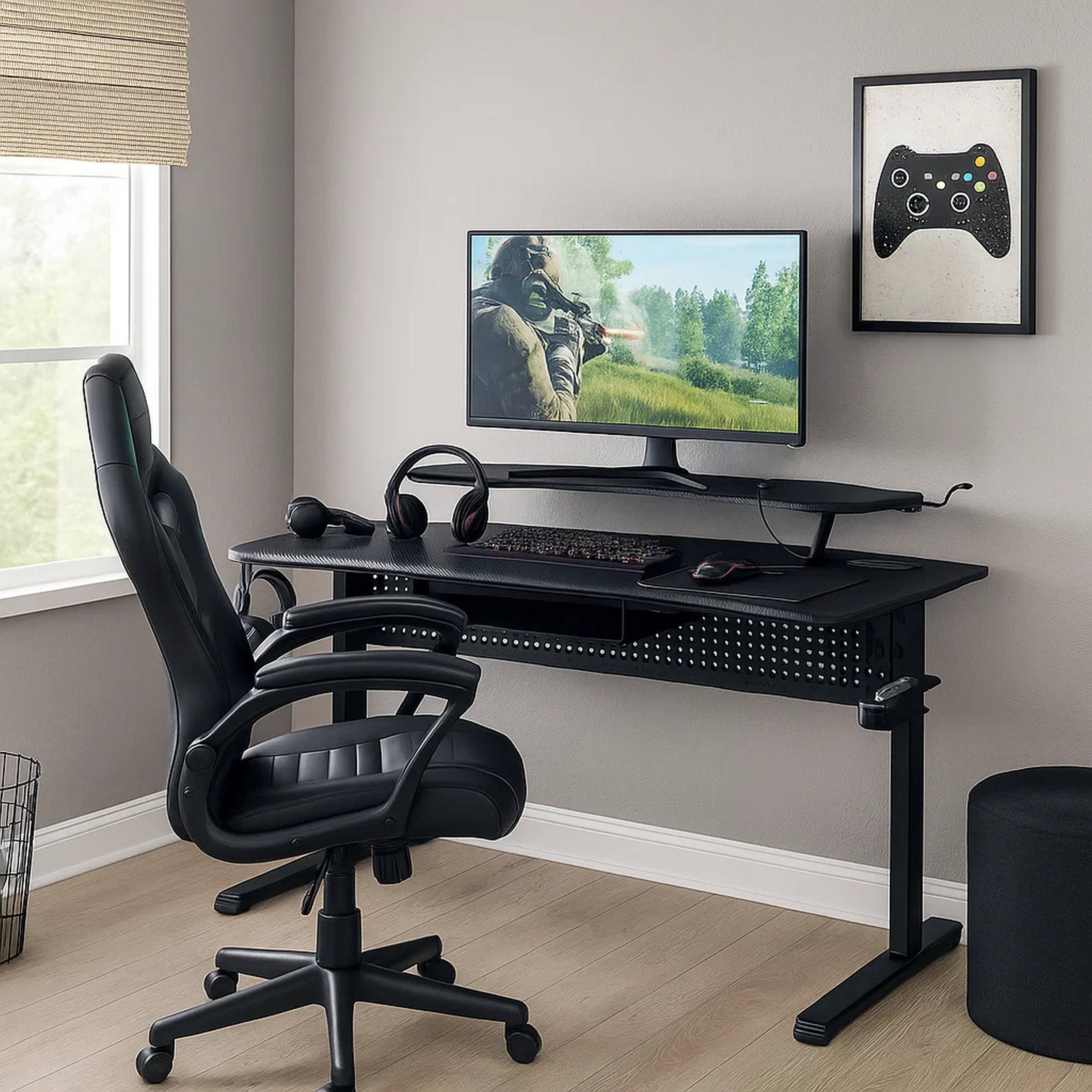 Alt View 6. Manhattan Lane - Gaming Table with USB Plugin and Headset Rack - Black.