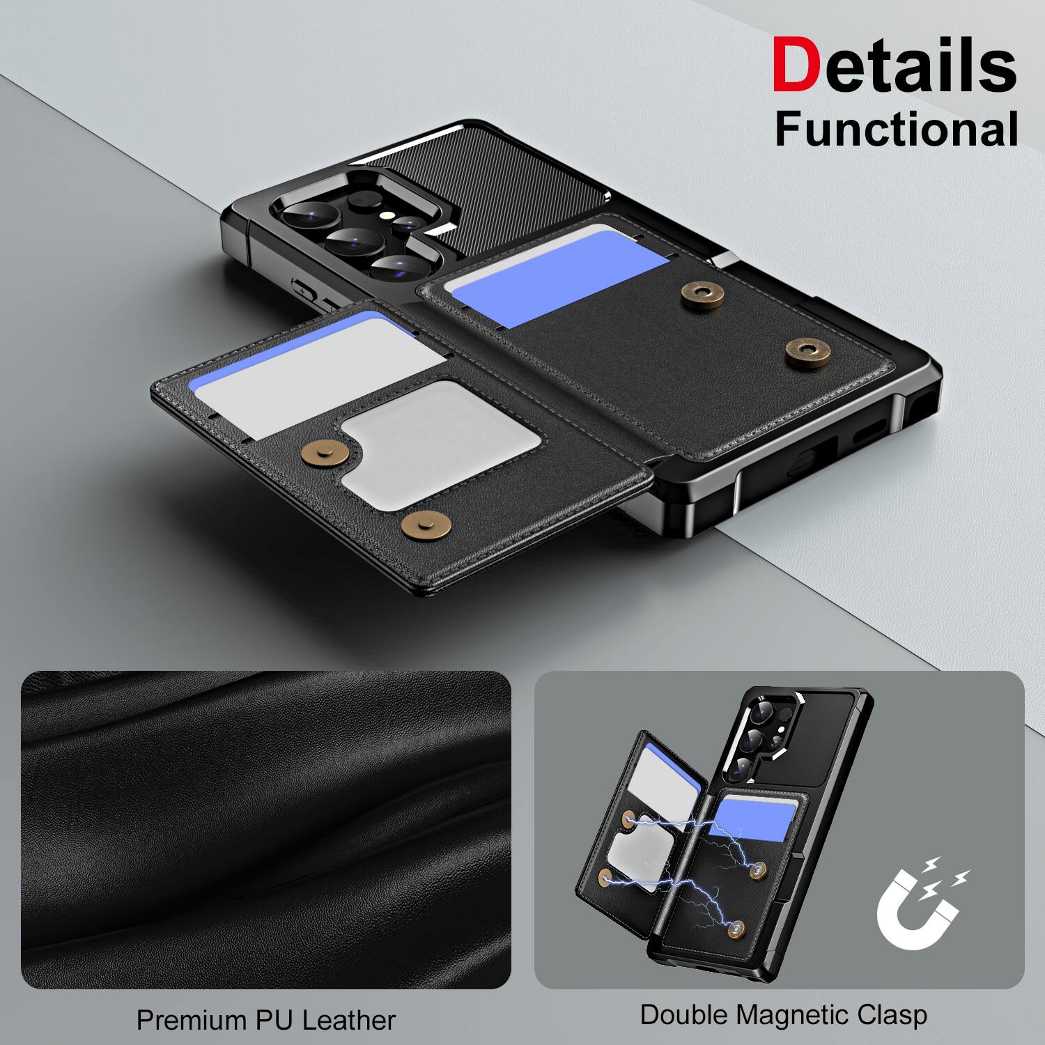 Details Functional

Premium PU Leather

Double Magnetic Clasp