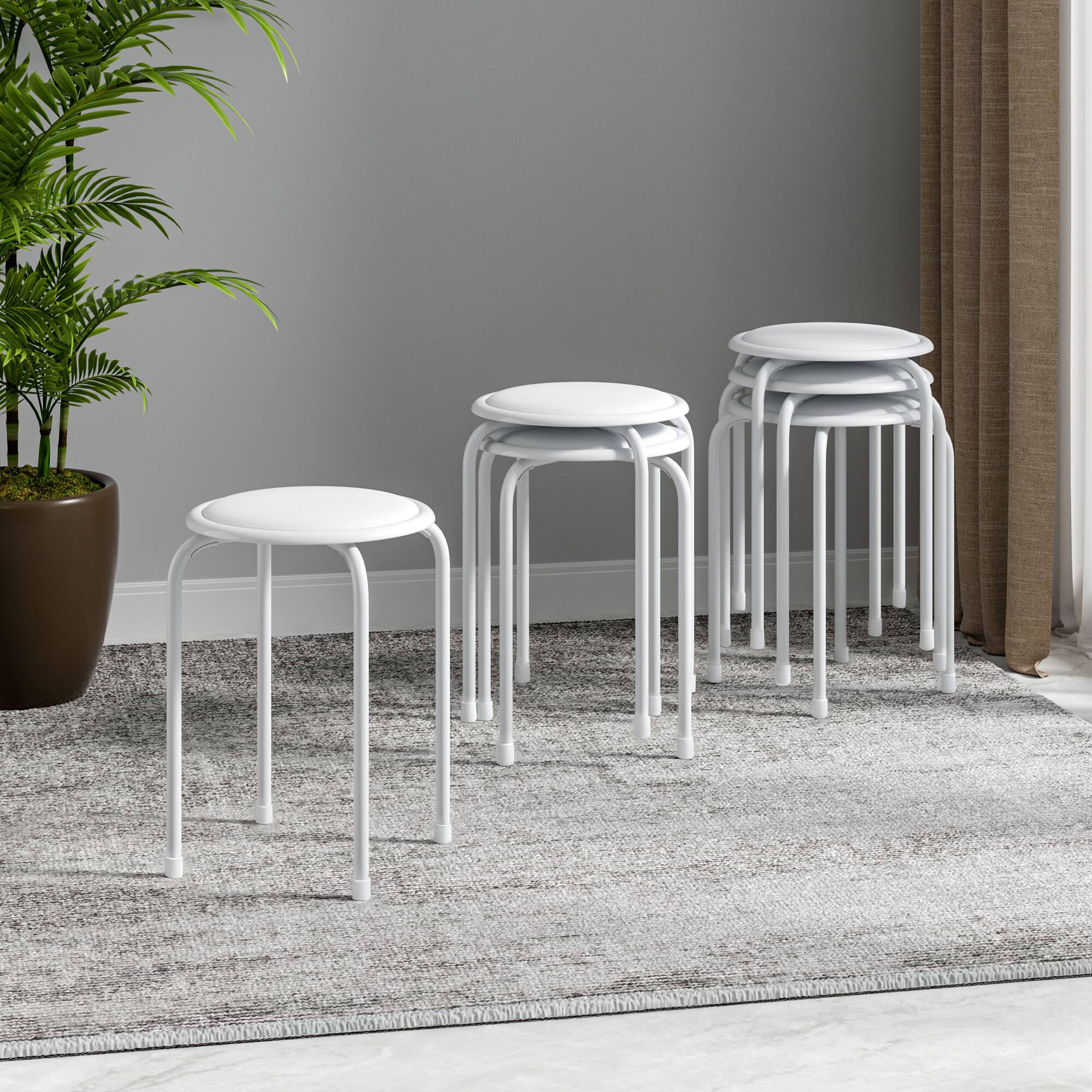 Alt View 6. Vecelo - 6-Pack Steel Stack Stools, Portable Stackable Backless School Stools with Pu Leather, Round Classroom Decoration Stools - White.