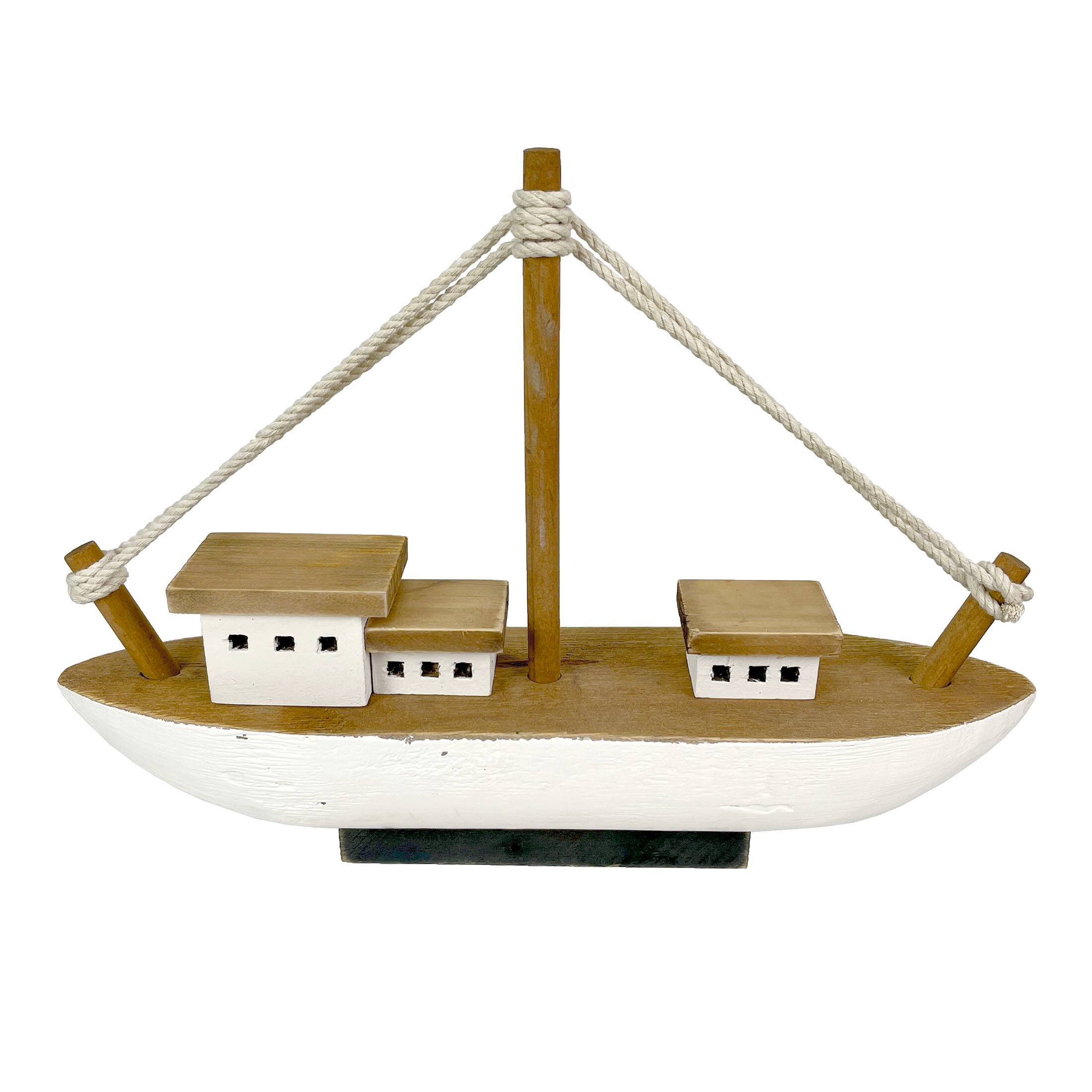 Front. Chesapeake Bay - 13.5in Wood Fishing Boat Statue Nautical Decor Handcrafted Ship Modell - White.