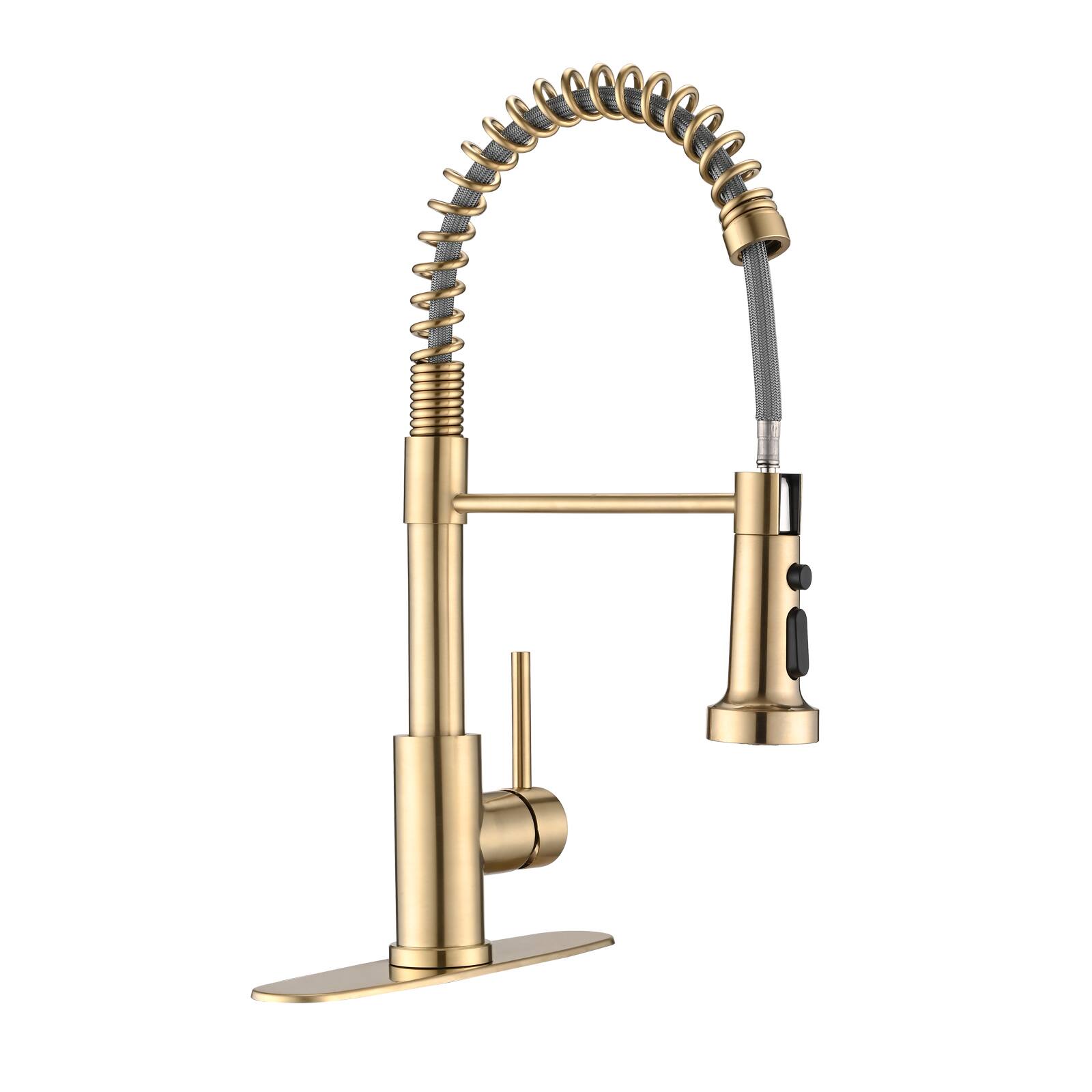 Front. Siljoy - Pull Down Sprayer Spring Kitchen Sink Faucet Brushed Gold - Brushed Gold.