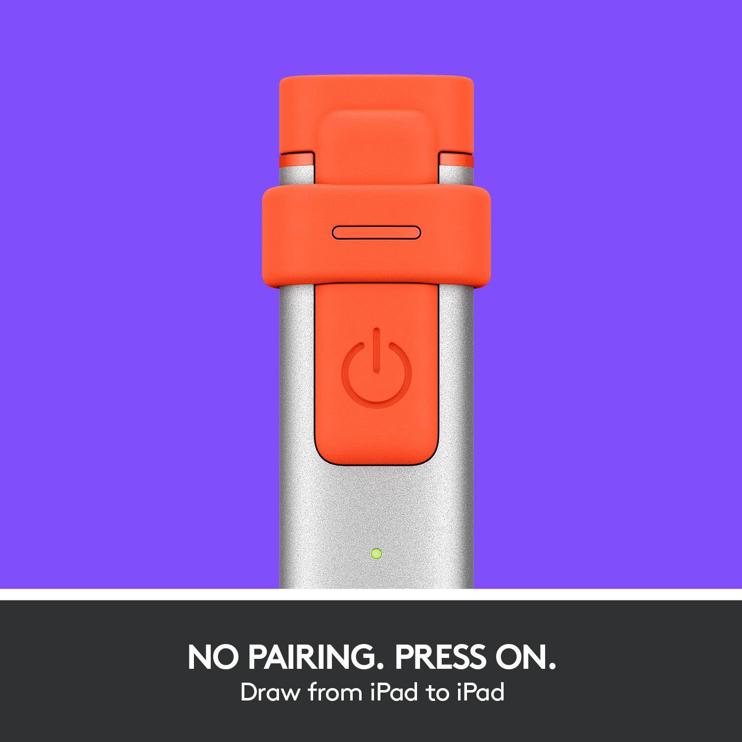 The text on the image reads "No Pairing. Press On. Draw from iPad to iPad."
