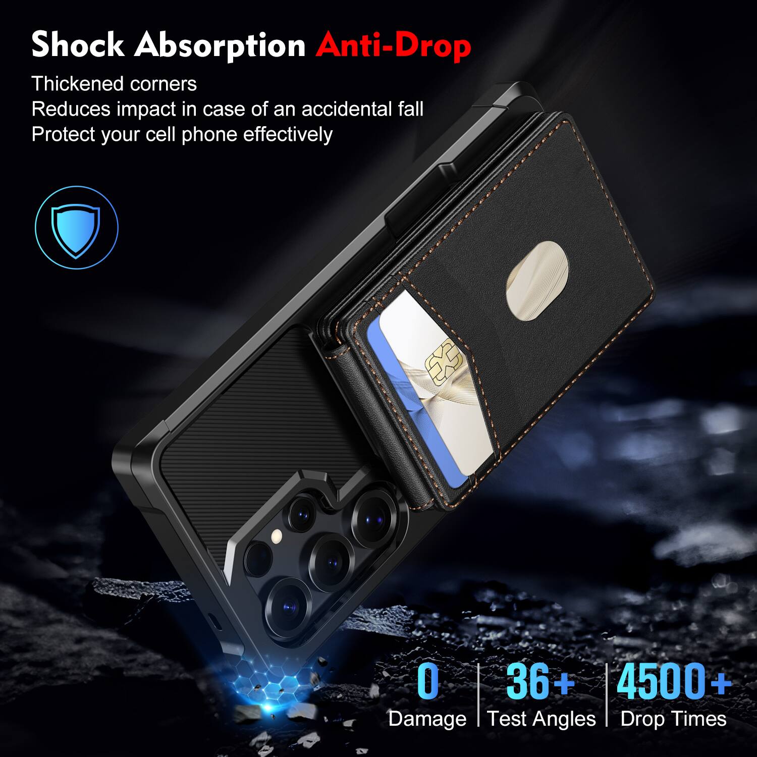 Shock Absorption Anti-Drop  
Thickened corners  
Reduces impact in case of an accidental fall  
Protect your cell phone effectively  

0 Damage  
36+ Test Angles  
4500+ Drop Times