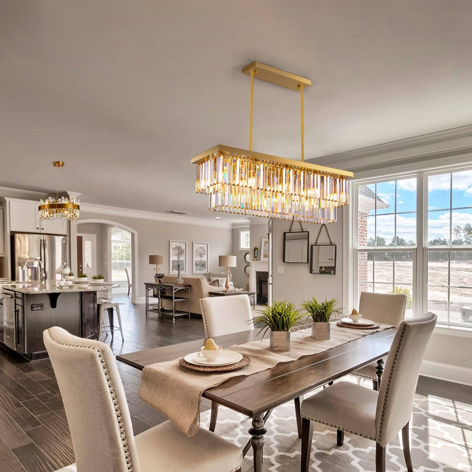 Angle. Siljoy - 10-Light Gold Crystal Raindrop Chandelier, 2-Tier for Dining/Kitchen - Gold.