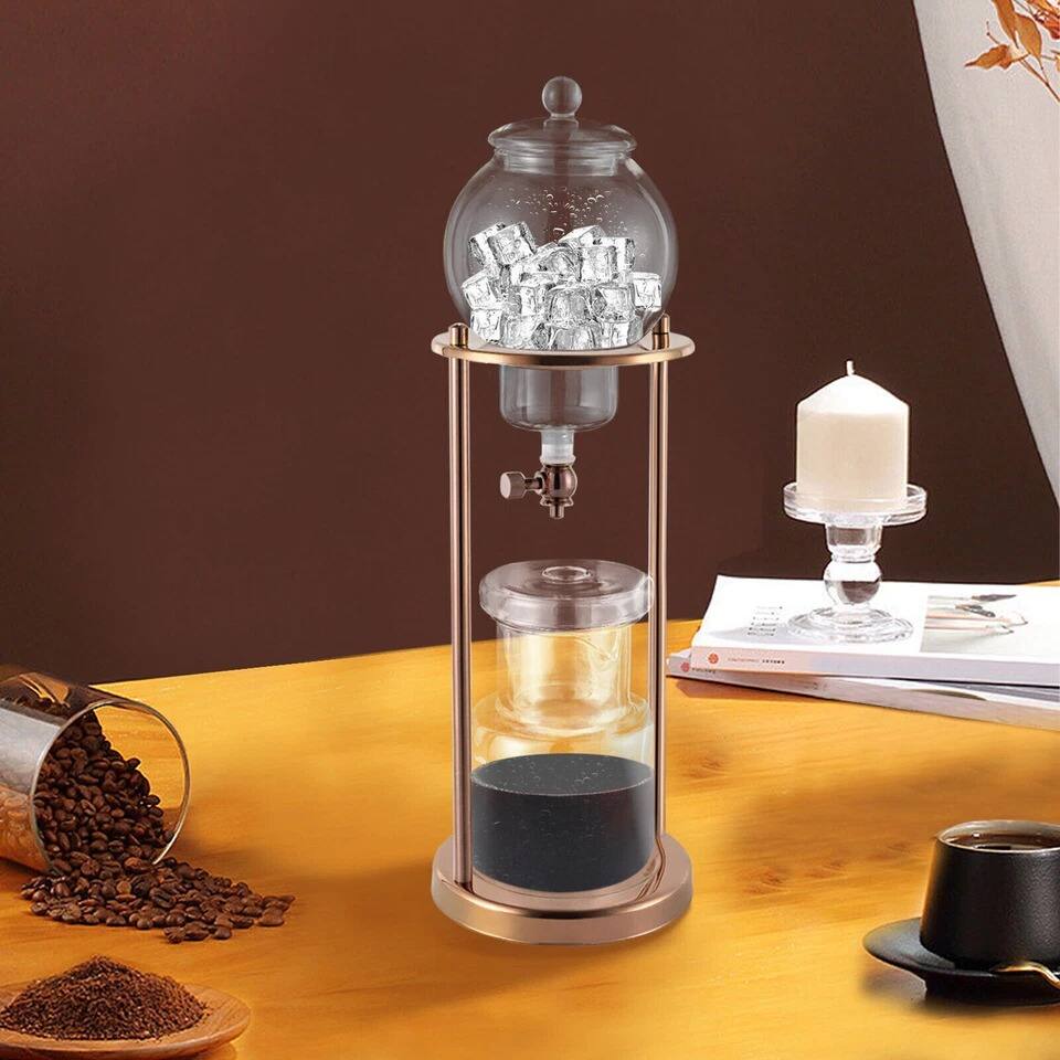 Alt View 1. Home Collection - 600ml Cold Brew Coffee Drip Tower with Stainless Steel Stand, Gold Finish - Clear Glass, Gold Stand.