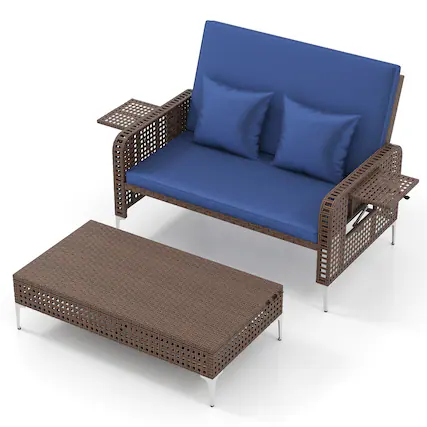 Front. Gymax - Gymax 2PCS Wicker Loveseat & Storage Ottoman w/ 4-Level Backrest & Soft Cushion Navy - Blue.